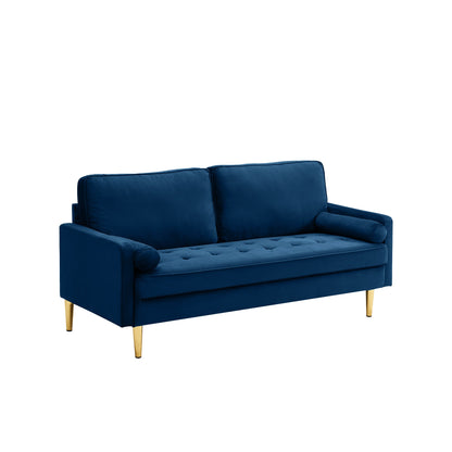 65-inch minimalist velvet sofa with metallic-coloured legs, complete with cushions, suitable for the living room or bedroom. - 1st Choice Furniture Direct