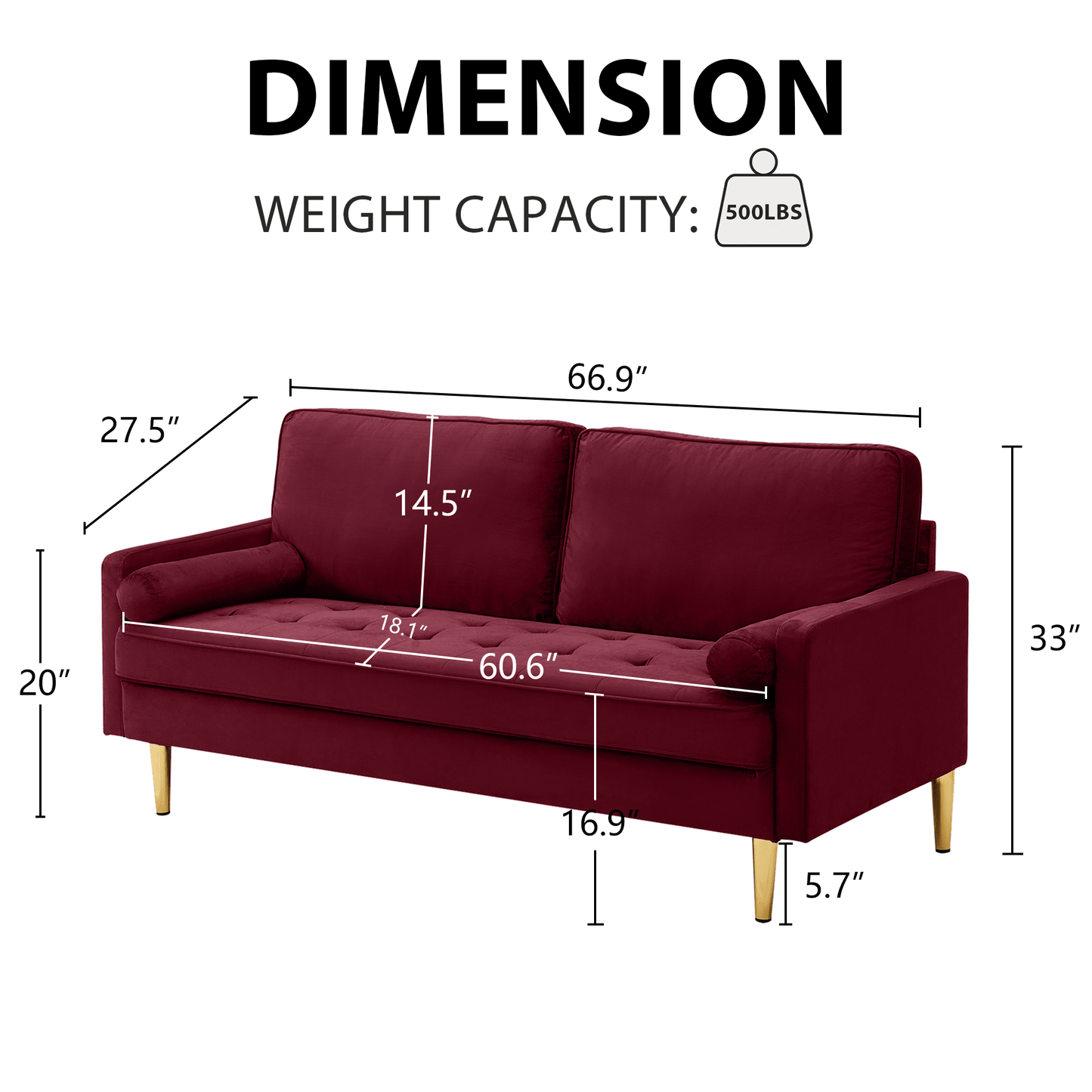 65 - inch minimalist velvet sofa with metallic - coloured legs, complete with cushions, suitable for the living room or bedroom. - 1st Choice Furniture Direct