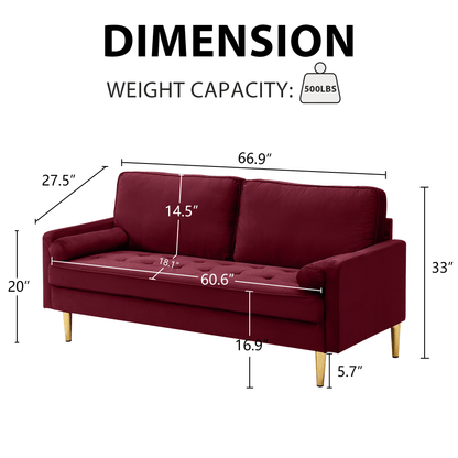 65 - inch minimalist velvet sofa with metallic - coloured legs, complete with cushions, suitable for the living room or bedroom. - 1st Choice Furniture Direct