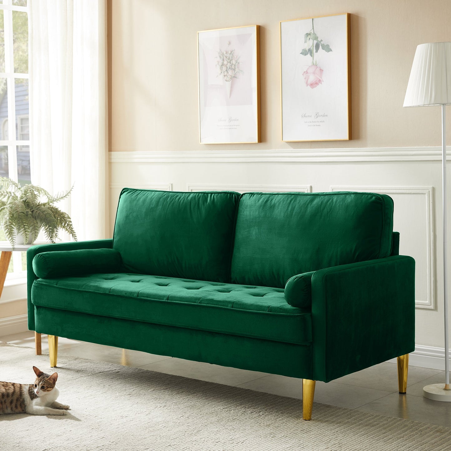 65 - inch minimalist velvet sofa with metallic - coloured legs, complete with cushions, suitable for the living room or bedroom. - 1st Choice Furniture Direct