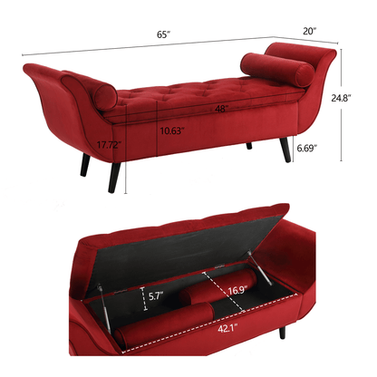 65 Inch Red Velvet Storage Bench | Mid-Century Modern Entryway Bench - 1st Choice Furniture Direct
