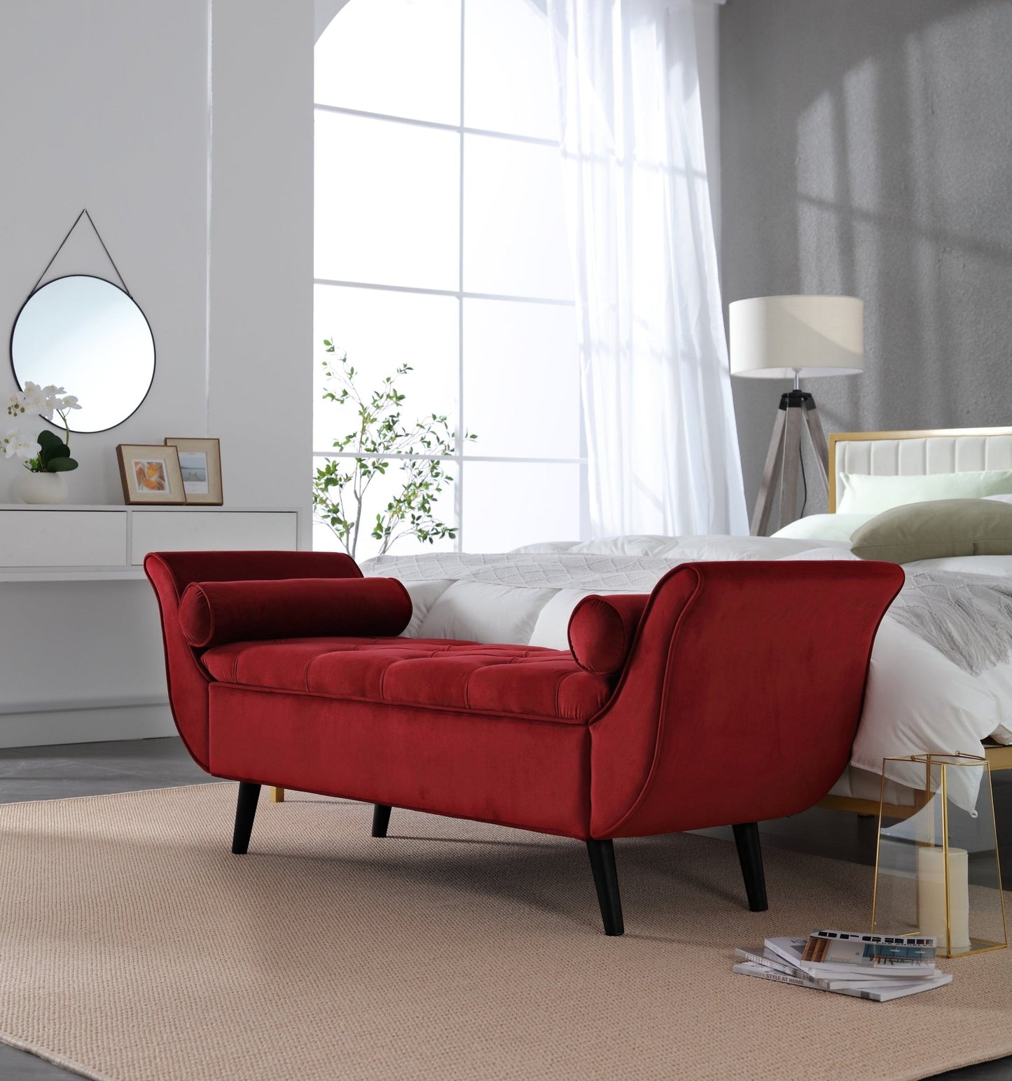 65 Inch Red Velvet Storage Bench | Mid-Century Modern Entryway Bench - 1st Choice Furniture Direct