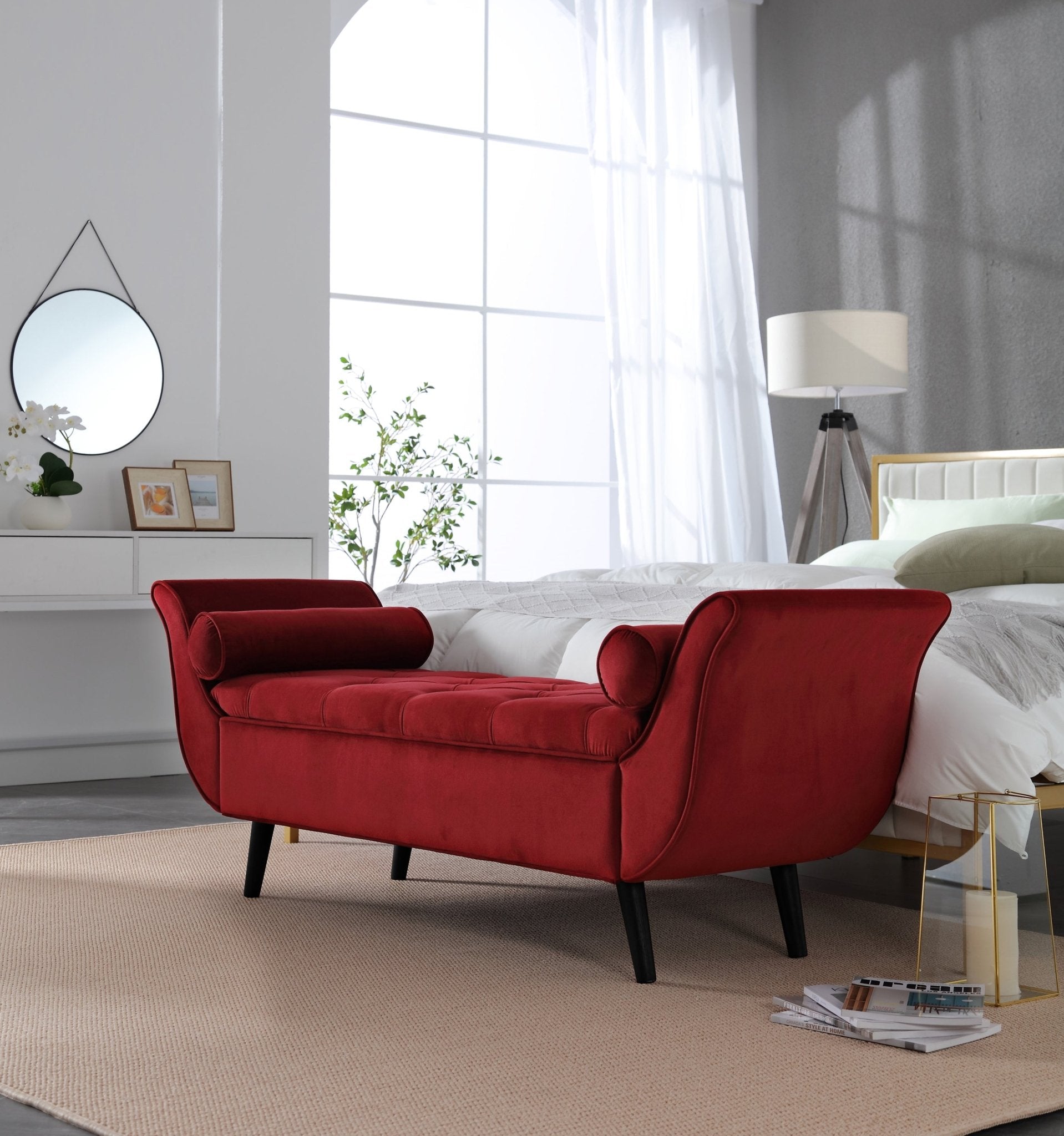 65 Inch Red Velvet Storage Bench | Mid-Century Modern Entryway Bench - 1st Choice Furniture Direct