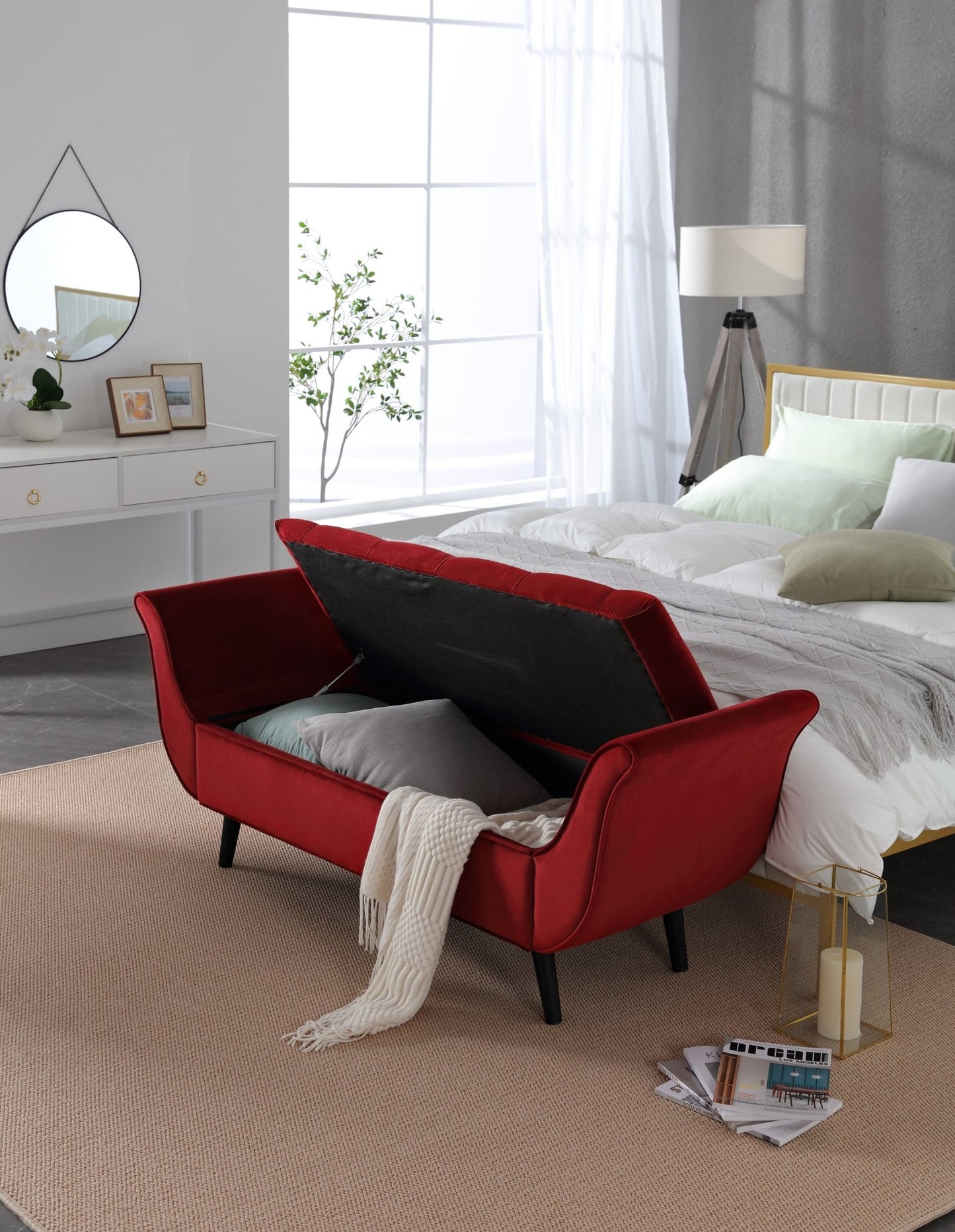 65 Inch Red Velvet Storage Bench | Mid-Century Modern Entryway Bench - 1st Choice Furniture Direct