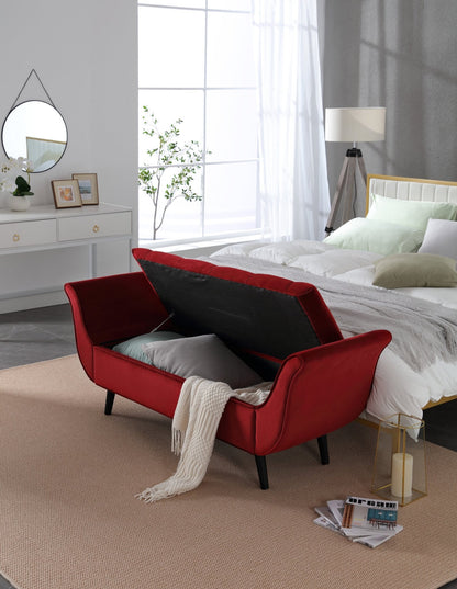 65 Inch Red Velvet Storage Bench | Mid-Century Modern Entryway Bench - 1st Choice Furniture Direct