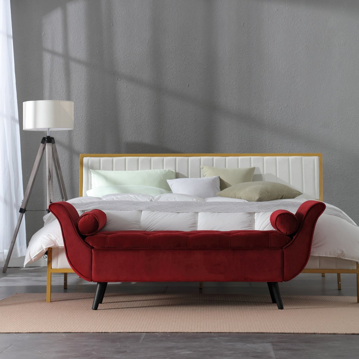 65 Inch Red Velvet Storage Bench | Mid-Century Modern Entryway Bench - 1st Choice Furniture Direct