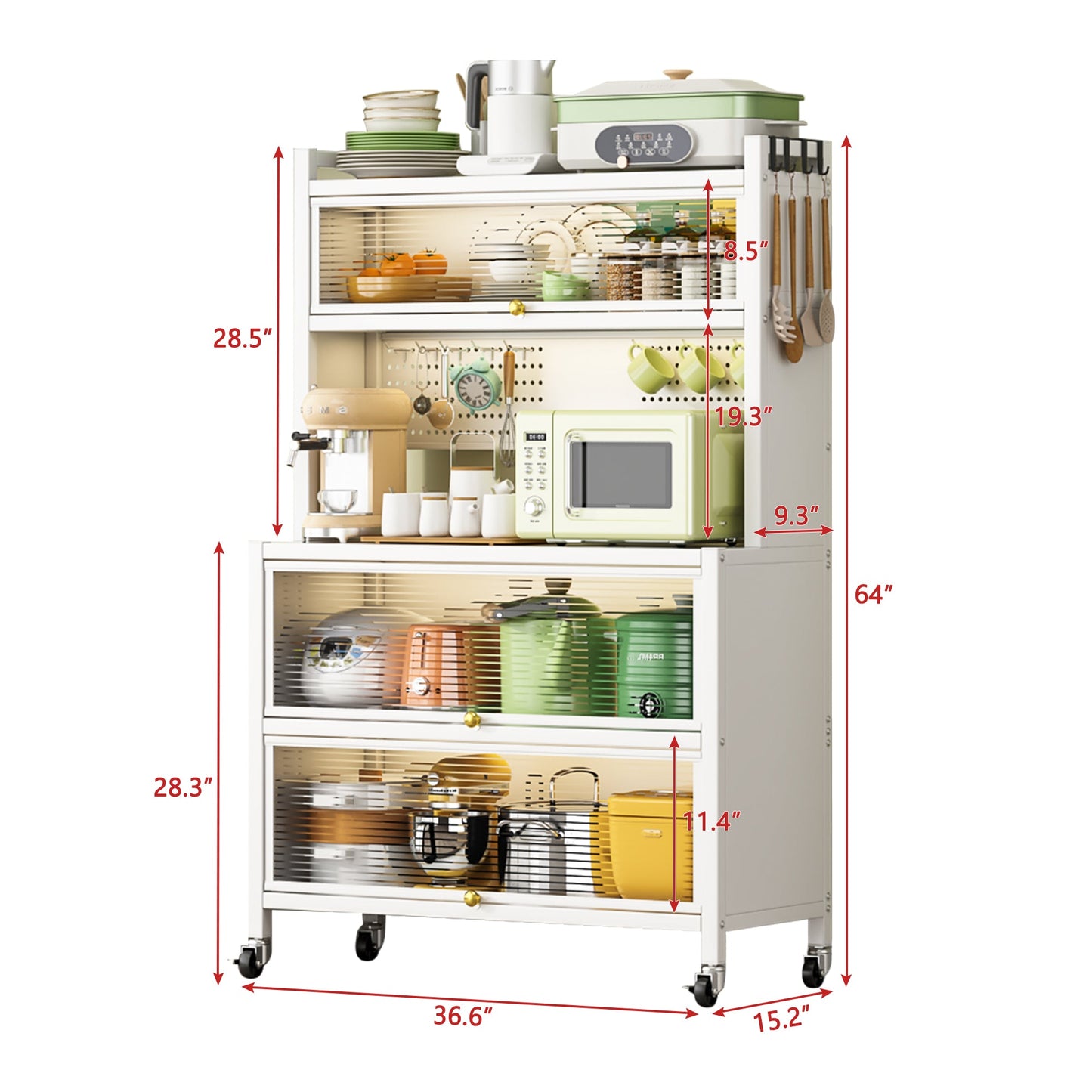 65'' Tall Kitchen Bakers Rack with Flip Door Cabinet, 5 Tier Multifunctional Microwave Stand Buffet, Coffee Bar, Kitchen Pantry Storage Cabinet Shelf, Quick Assembly, White - 1st Choice Furniture Direct
