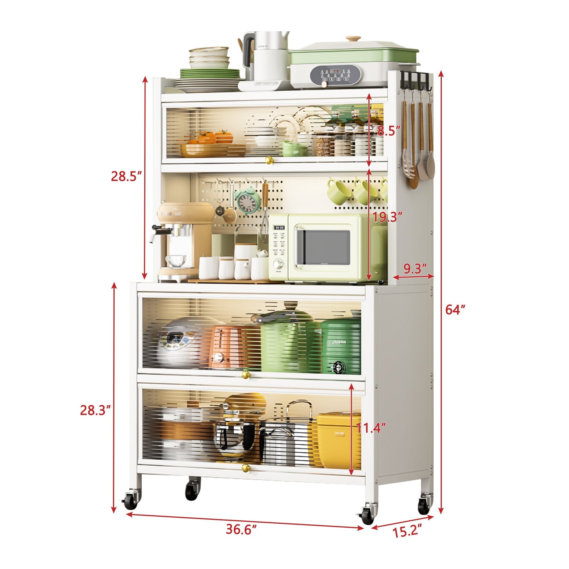 65'' Tall Kitchen Bakers Rack with Flip Door Cabinet, 5 Tier Multifunctional Microwave Stand Buffet, Coffee Bar, Kitchen Pantry Storage Cabinet Shelf, Quick Assembly, White - 1st Choice Furniture Direct