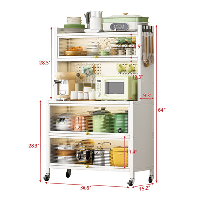 65'' Tall Kitchen Bakers Rack with Flip Door Cabinet, 5 Tier Multifunctional Microwave Stand Buffet, Coffee Bar, Kitchen Pantry Storage Cabinet Shelf, Quick Assembly, White - 1st Choice Furniture Direct