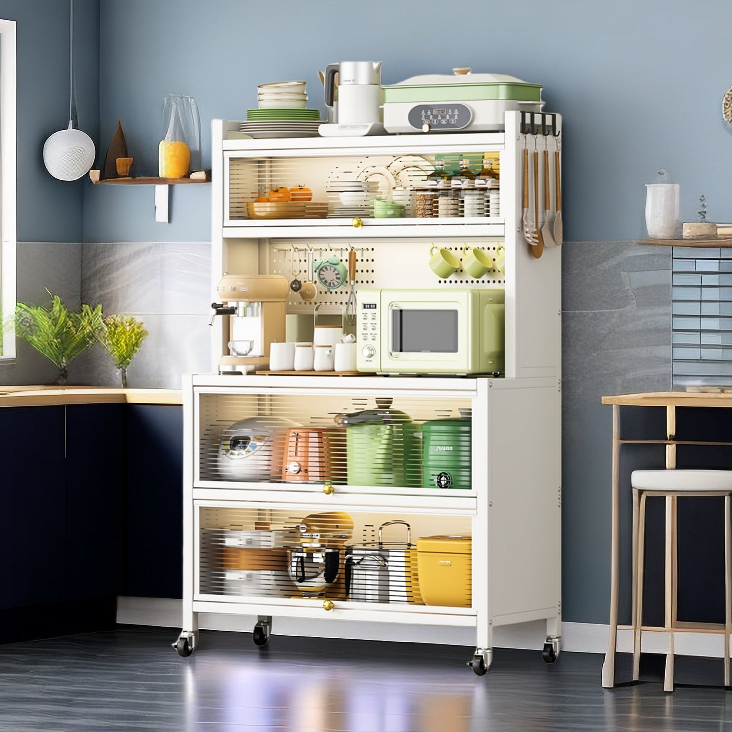 65'' Tall Kitchen Bakers Rack with Flip Door Cabinet, 5 Tier Multifunctional Microwave Stand Buffet, Coffee Bar, Kitchen Pantry Storage Cabinet Shelf, Quick Assembly, White - 1st Choice Furniture Direct