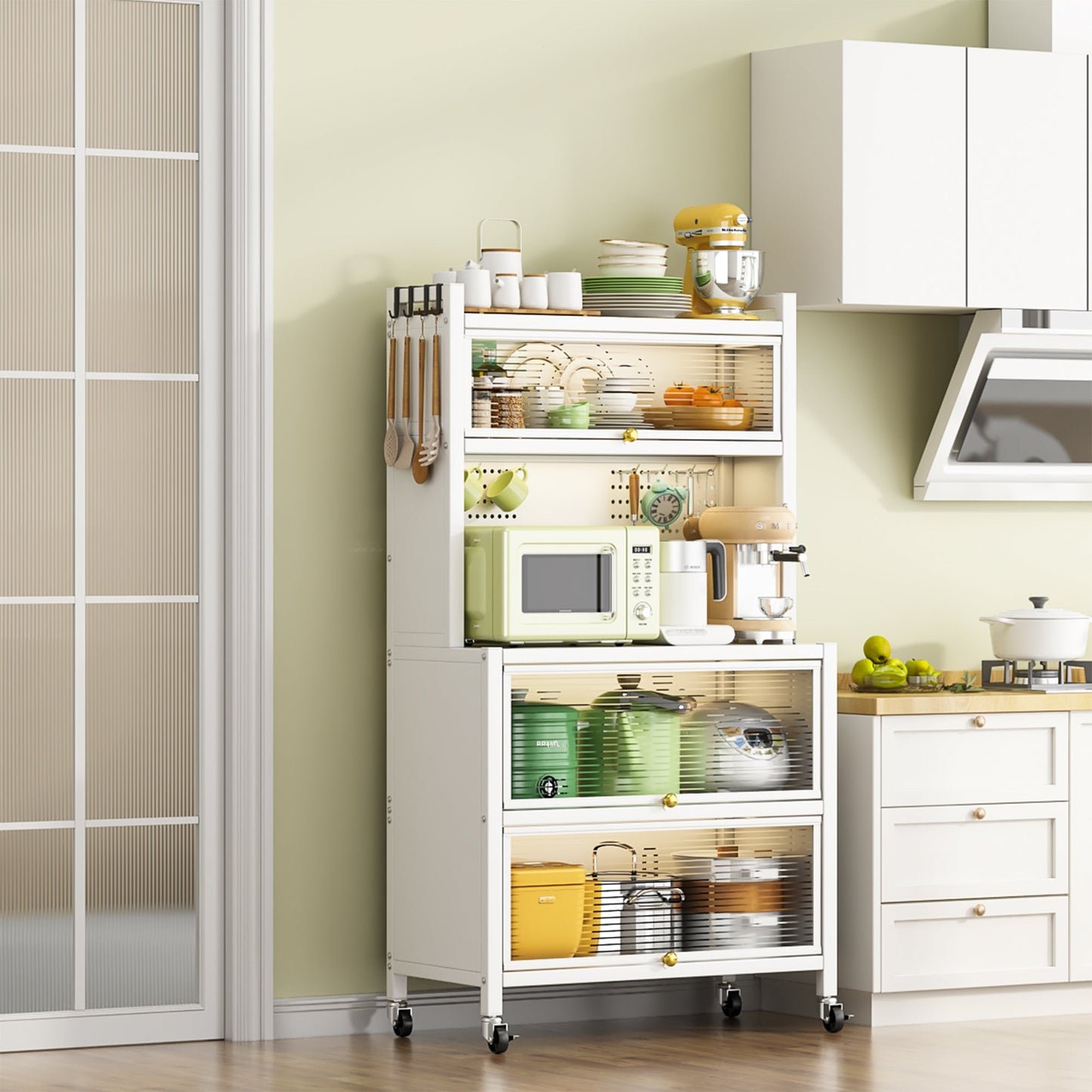 65'' Tall Kitchen Bakers Rack with Flip Door Cabinet, 5 Tier Multifunctional Microwave Stand Buffet, Coffee Bar, Kitchen Pantry Storage Cabinet Shelf, Quick Assembly, White - 1st Choice Furniture Direct
