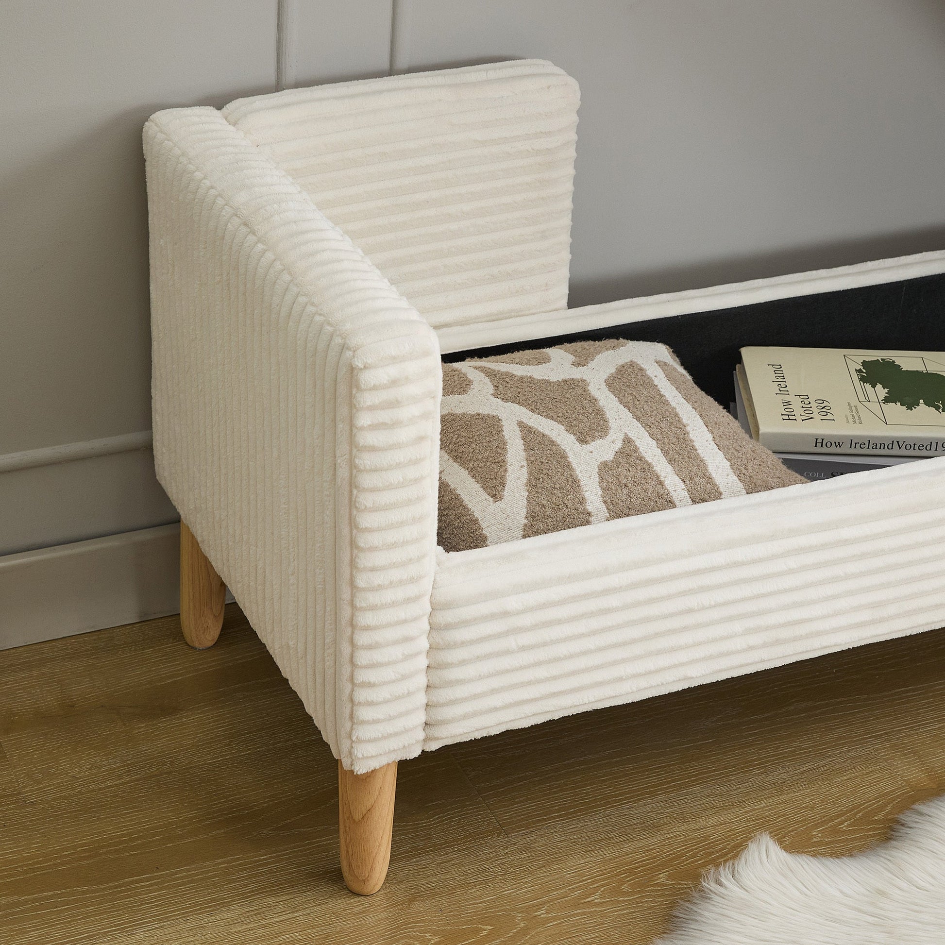 65.35'Wide Upholstered Flip - top Storage Accent Bed Bench, Corduroy Footrest Ottoman with Armrests&Backrest&2 Bolster Pillows Wood Legs for Living Room, End of Bed, Hallway, Entryway Bedroom. Ivory - 1st Choice Furniture Direct