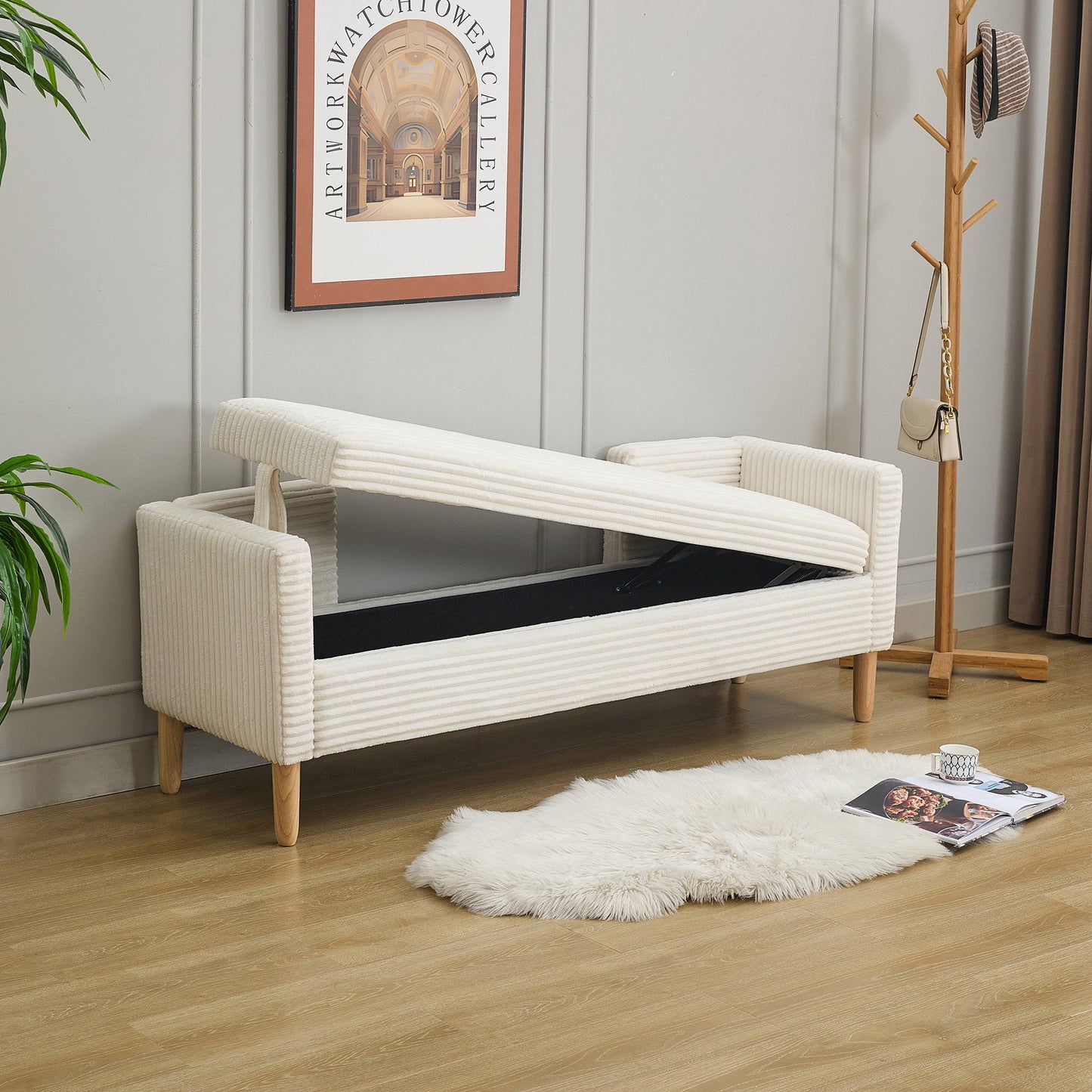 65.35'Wide Upholstered Flip - top Storage Accent Bed Bench, Corduroy Footrest Ottoman with Armrests&Backrest&2 Bolster Pillows Wood Legs for Living Room, End of Bed, Hallway, Entryway Bedroom. Ivory - 1st Choice Furniture Direct