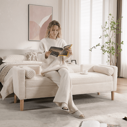 65.35'Wide Upholstered Flip - top Storage Accent Bed Bench, Corduroy Footrest Ottoman with Armrests&Backrest&2 Bolster Pillows Wood Legs for Living Room, End of Bed, Hallway, Entryway Bedroom. Ivory - 1st Choice Furniture Direct