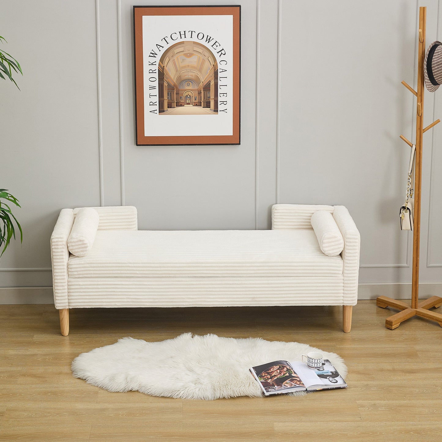 65.35'Wide Upholstered Flip - top Storage Accent Bed Bench, Corduroy Footrest Ottoman with Armrests&Backrest&2 Bolster Pillows Wood Legs for Living Room, End of Bed, Hallway, Entryway Bedroom. Ivory - 1st Choice Furniture Direct