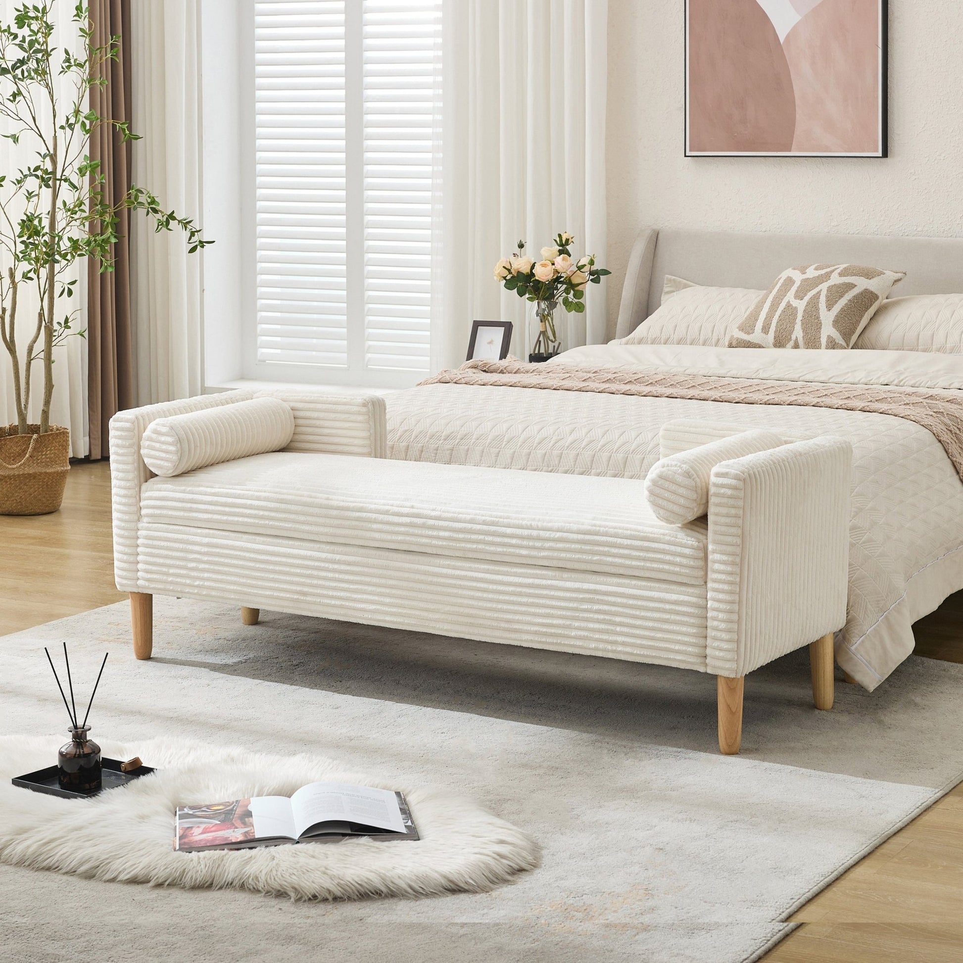 65.35'Wide Upholstered Flip - top Storage Accent Bed Bench, Corduroy Footrest Ottoman with Armrests&Backrest&2 Bolster Pillows Wood Legs for Living Room, End of Bed, Hallway, Entryway Bedroom. Ivory - 1st Choice Furniture Direct