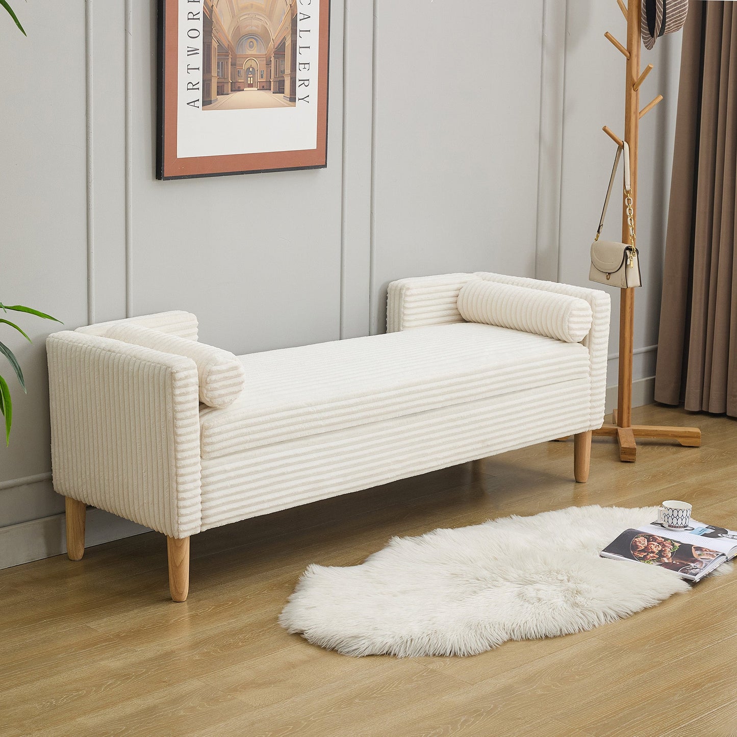 65.35'Wide Upholstered Flip - top Storage Accent Bed Bench, Corduroy Footrest Ottoman with Armrests&Backrest&2 Bolster Pillows Wood Legs for Living Room, End of Bed, Hallway, Entryway Bedroom. Ivory - 1st Choice Furniture Direct