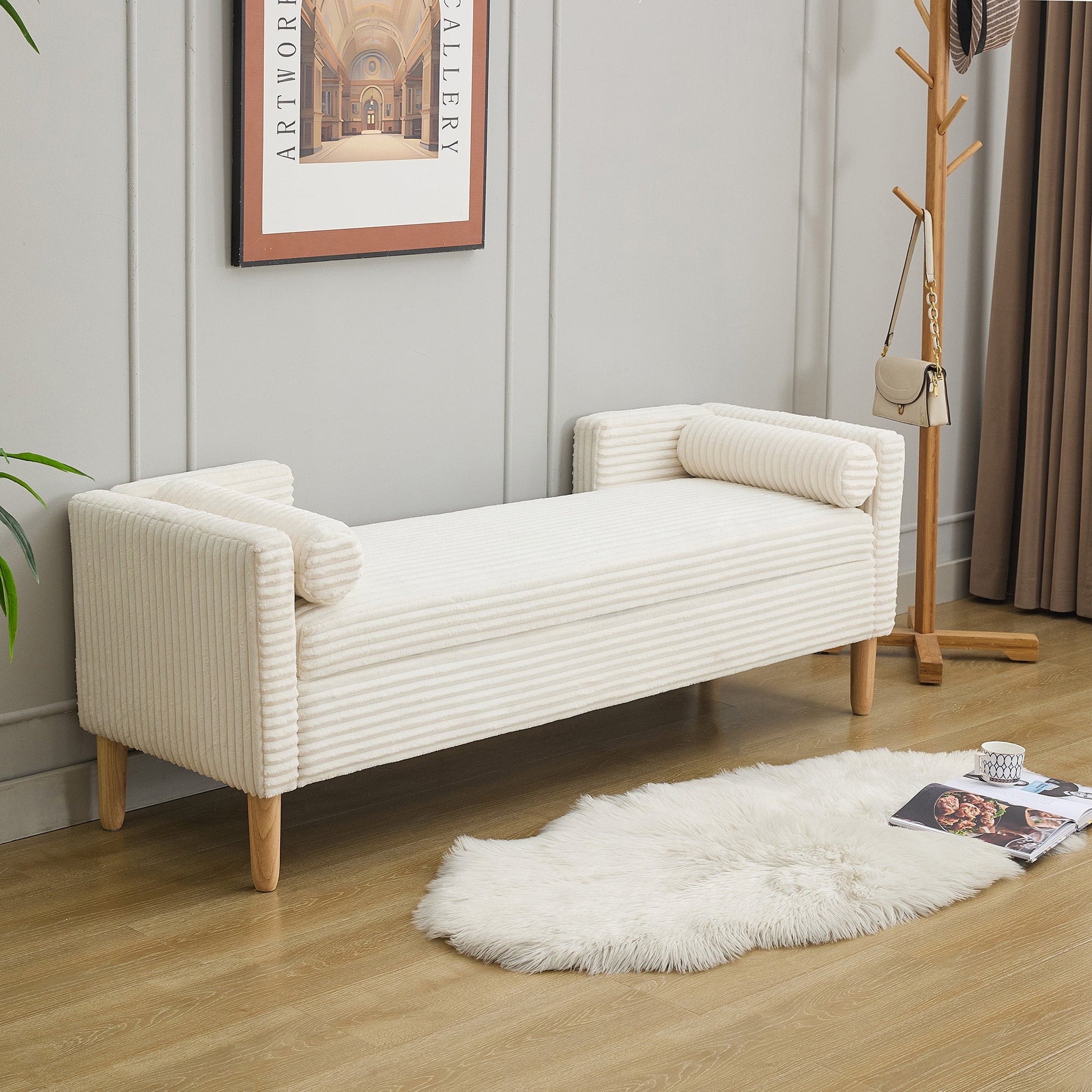 65.35'Wide Upholstered Flip - top Storage Accent Bed Bench, Corduroy Footrest Ottoman with Armrests&Backrest&2 Bolster Pillows Wood Legs for Living Room, End of Bed, Hallway, Entryway Bedroom. Ivory - 1st Choice Furniture Direct