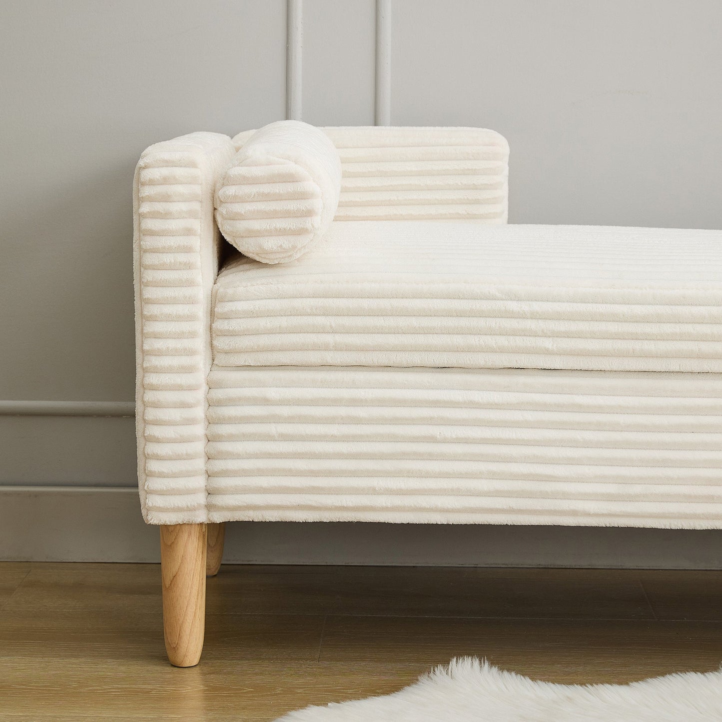 65.35'Wide Upholstered Flip - top Storage Accent Bed Bench, Corduroy Footrest Ottoman with Armrests&Backrest&2 Bolster Pillows Wood Legs for Living Room, End of Bed, Hallway, Entryway Bedroom. Ivory - 1st Choice Furniture Direct