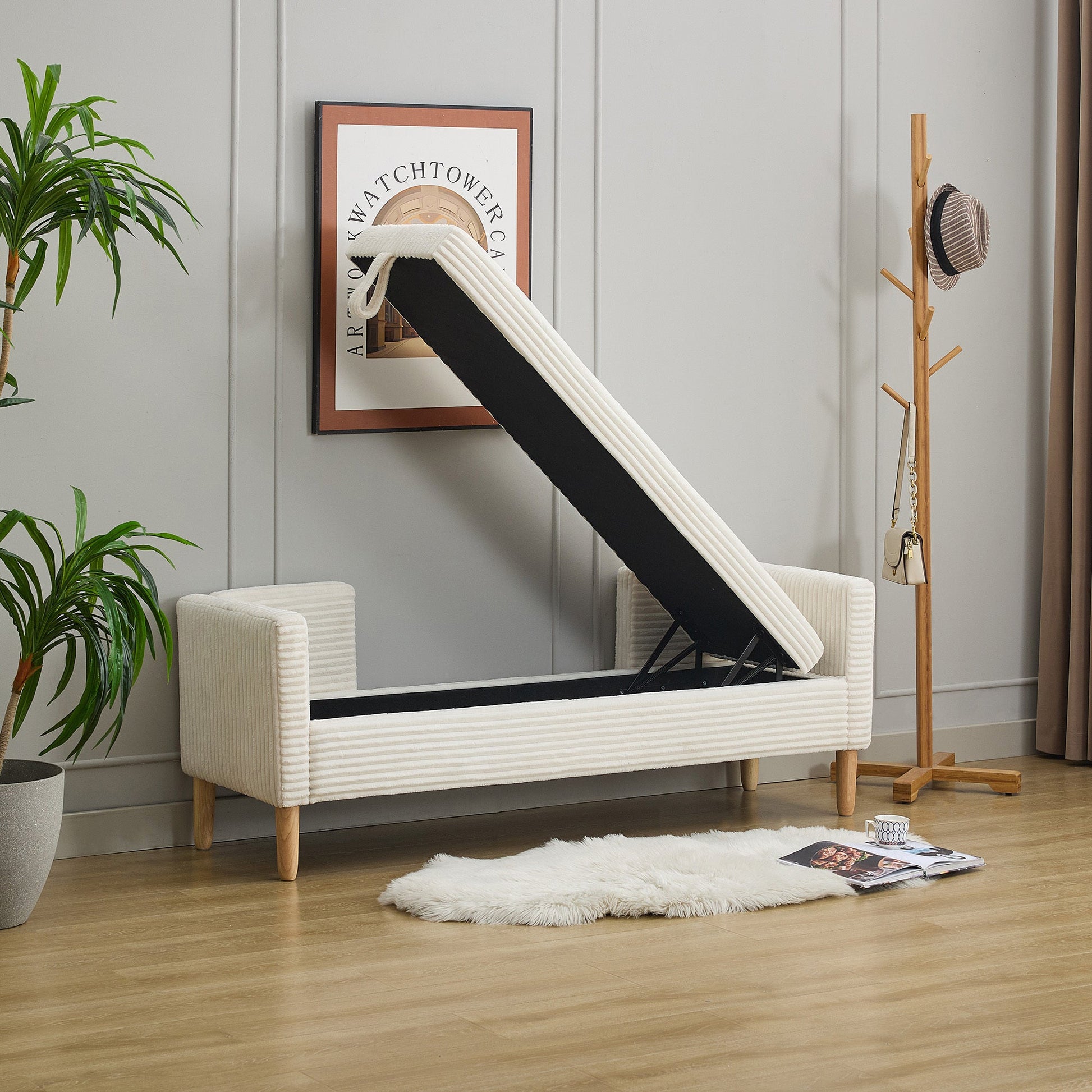 65.35'Wide Upholstered Flip - top Storage Accent Bed Bench, Corduroy Footrest Ottoman with Armrests&Backrest&2 Bolster Pillows Wood Legs for Living Room, End of Bed, Hallway, Entryway Bedroom. Ivory - 1st Choice Furniture Direct