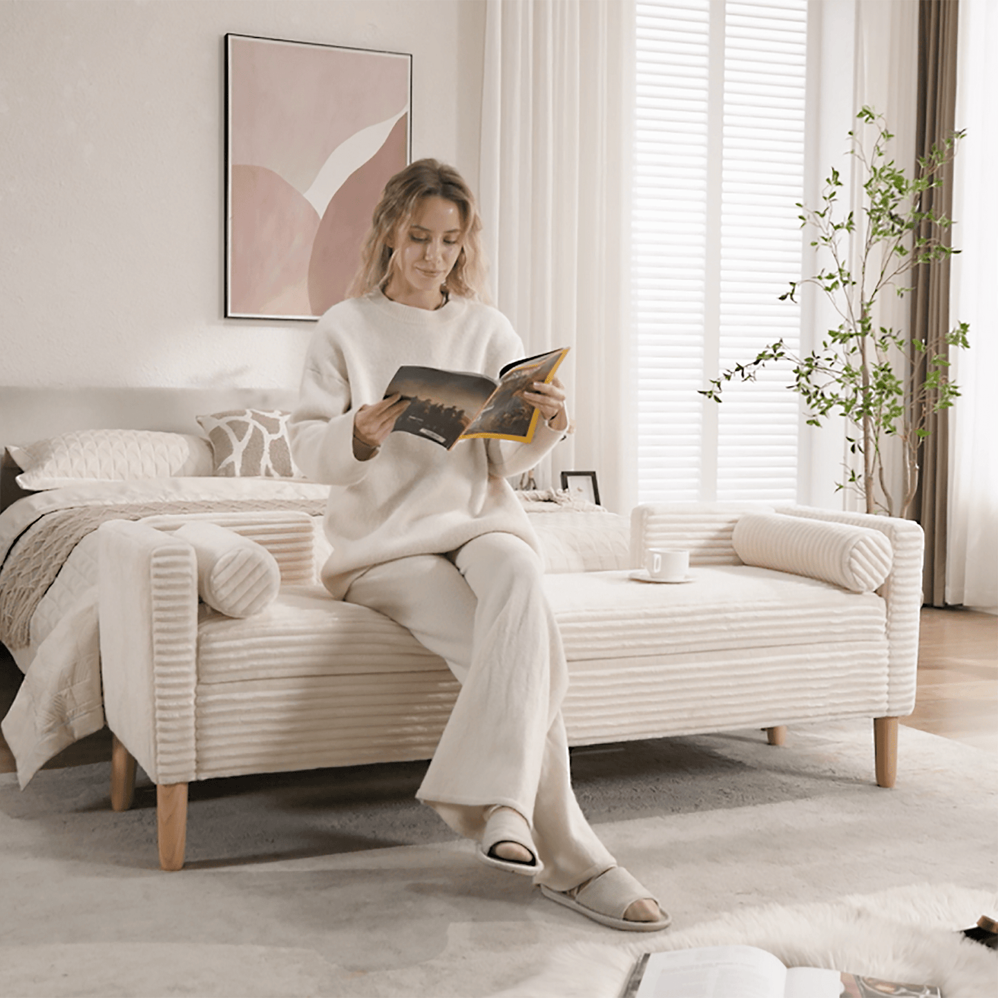 65.35'Wide Upholstered Flip - top Storage Accent Bed Bench, Corduroy Footrest Ottoman with Armrests&Backrest&2 Bolster Pillows Wood Legs for Living Room, End of Bed, Hallway, Entryway Bedroom. Ivory - 1st Choice Furniture Direct