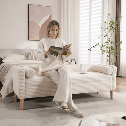 65.35'Wide Upholstered Flip - top Storage Accent Bed Bench, Corduroy Footrest Ottoman with Armrests&Backrest&2 Bolster Pillows Wood Legs for Living Room, End of Bed, Hallway, Entryway Bedroom. Ivory - 1st Choice Furniture Direct