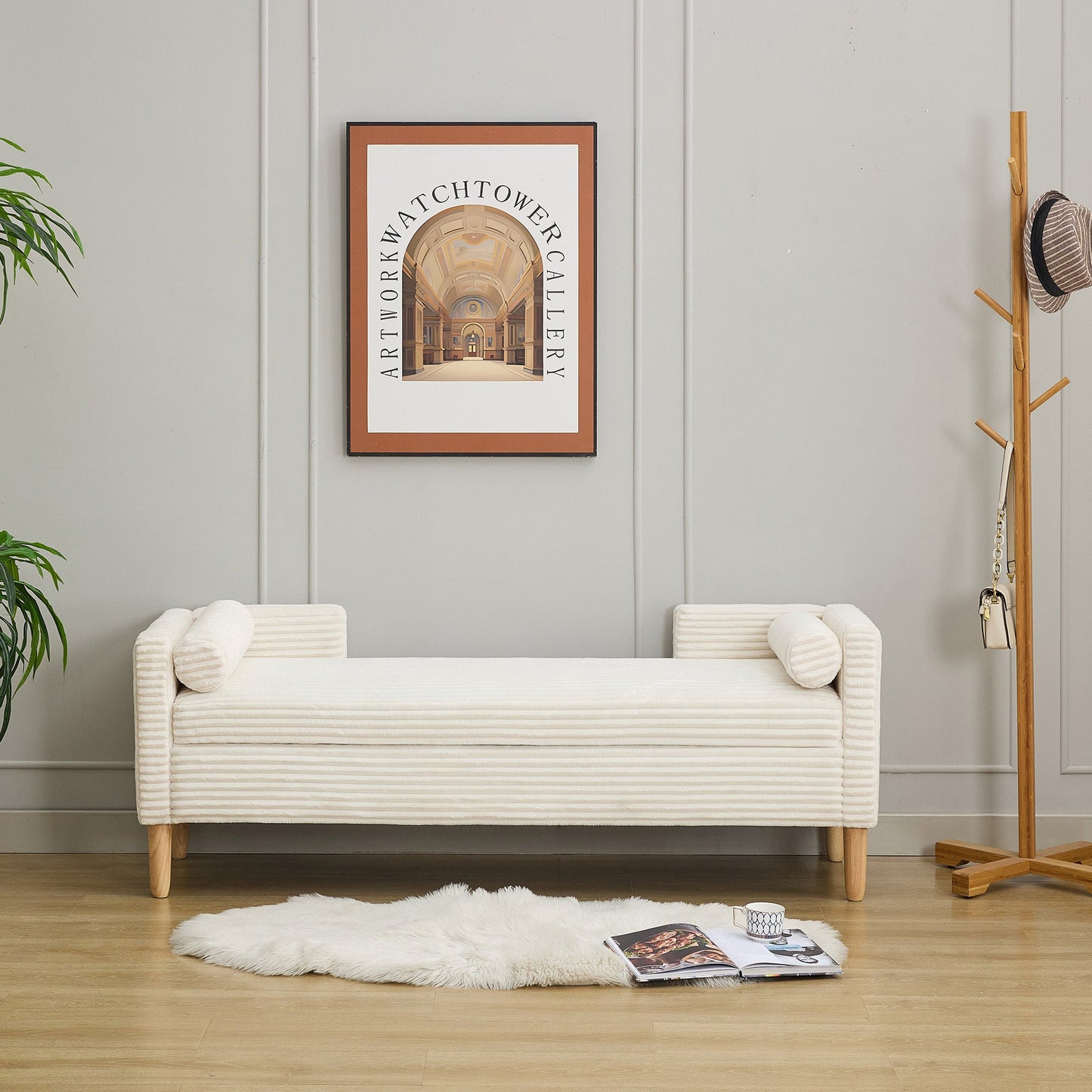 65.35'Wide Upholstered Flip - top Storage Accent Bed Bench, Corduroy Footrest Ottoman with Armrests&Backrest&2 Bolster Pillows Wood Legs for Living Room, End of Bed, Hallway, Entryway Bedroom. Ivory - 1st Choice Furniture Direct