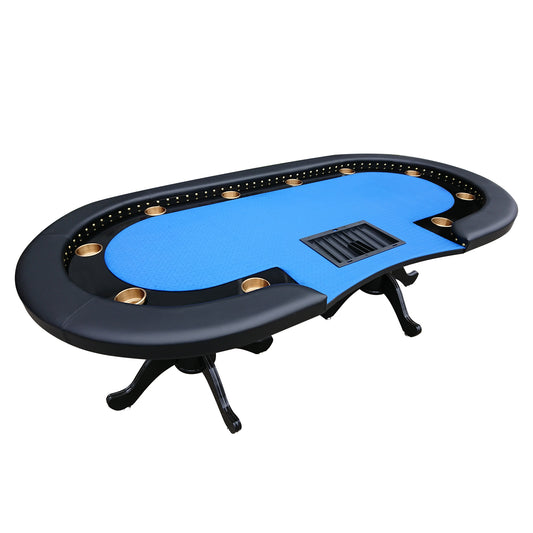96' Poker Table for 10 Players Casino Game Texas Hold'em Premium Oval with Round Stud Rivet Decorate Waterproof Cloth Chip Tray Cup Holders Blue