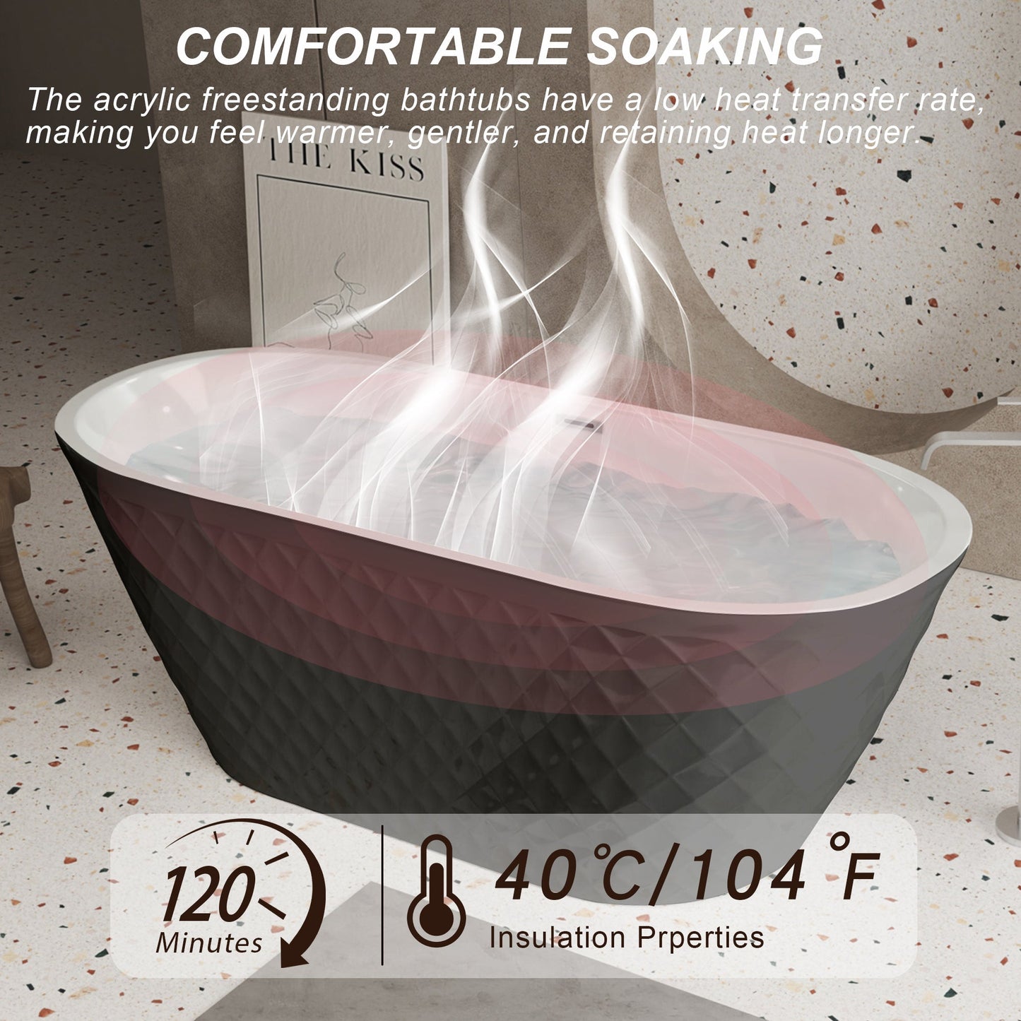67'' acrylic freestanding bathtub with unique diamond pattern design: spacious oval shape, Black finish, brushed nickel overflow and pop - up drain CUPC Certificate - 1st Choice Furniture Direct