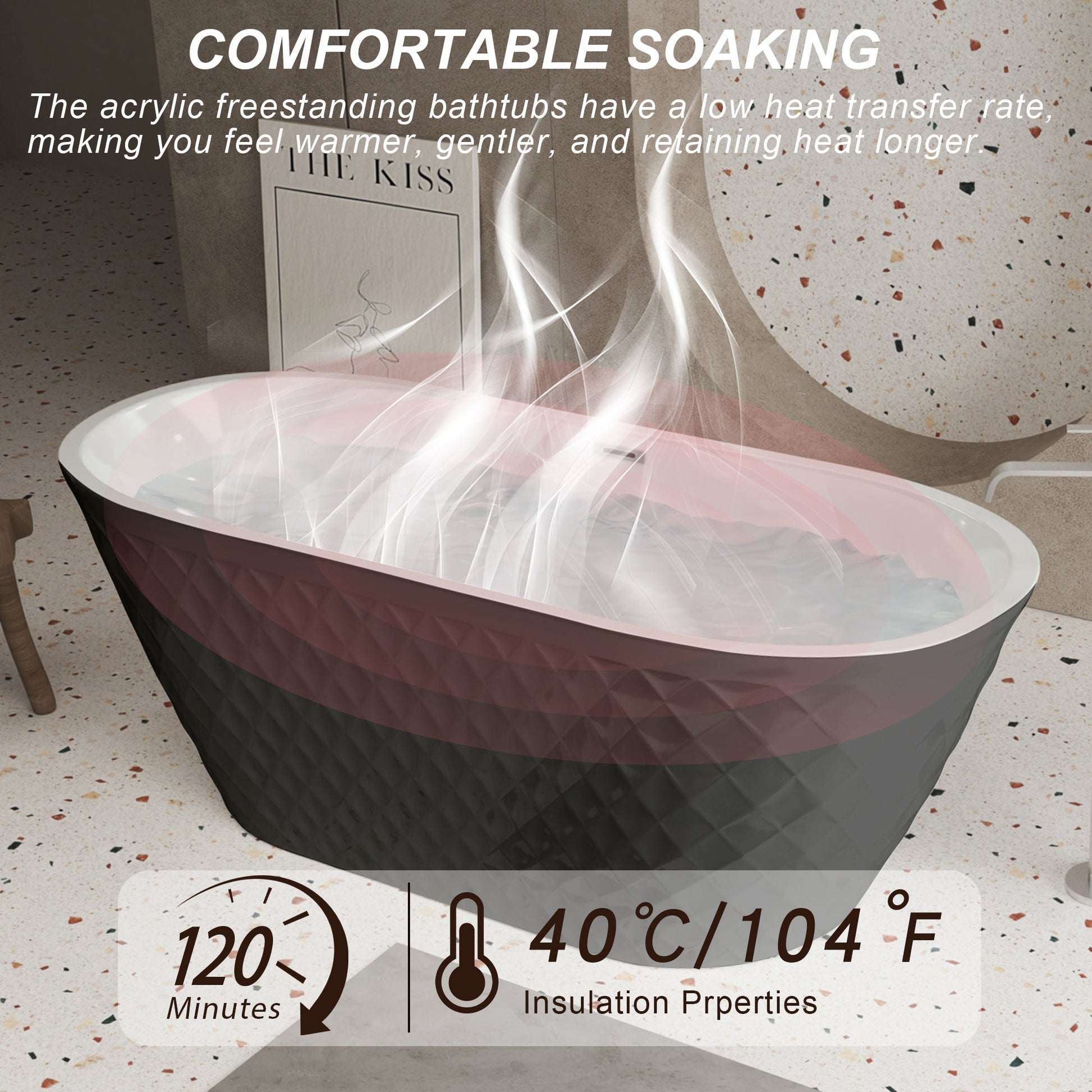 67'' acrylic freestanding bathtub with unique diamond pattern design: spacious oval shape, Black finish, brushed nickel overflow and pop - up drain CUPC Certificate - 1st Choice Furniture Direct
