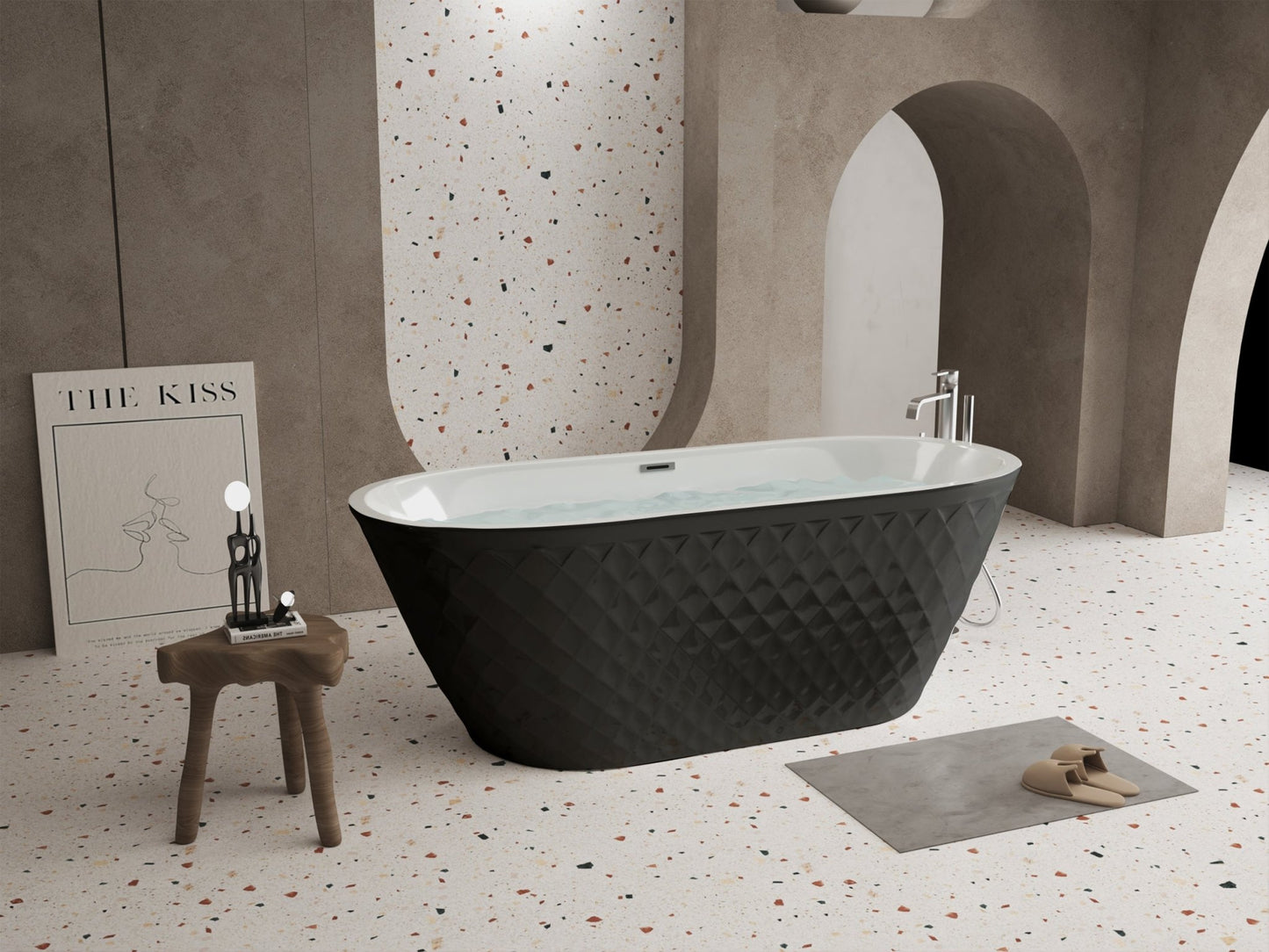 67'' acrylic freestanding bathtub with unique diamond pattern design: spacious oval shape, Black finish, brushed nickel overflow and pop - up drain CUPC Certificate - 1st Choice Furniture Direct