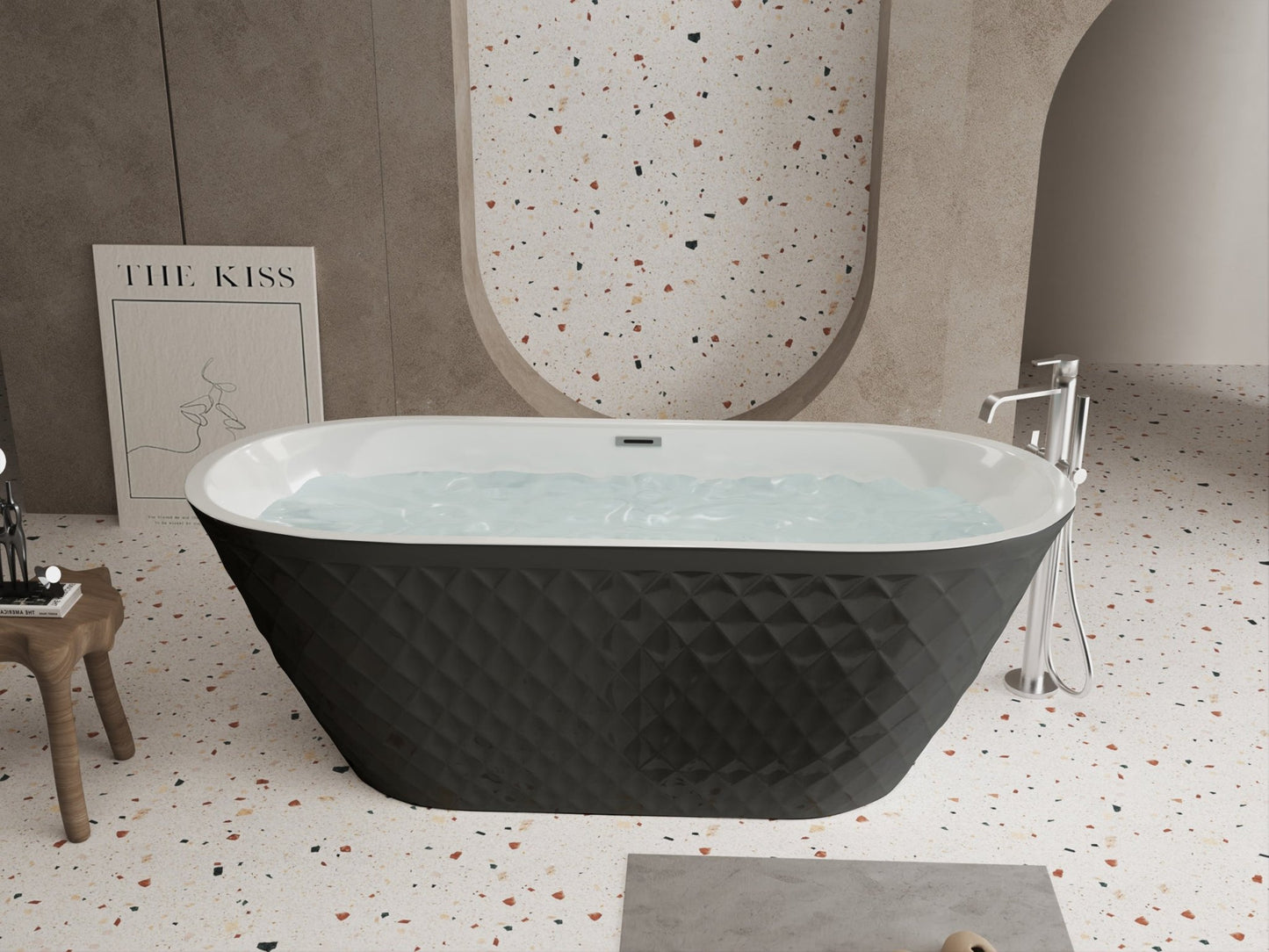 67'' acrylic freestanding bathtub with unique diamond pattern design: spacious oval shape, Black finish, brushed nickel overflow and pop - up drain CUPC Certificate - 1st Choice Furniture Direct