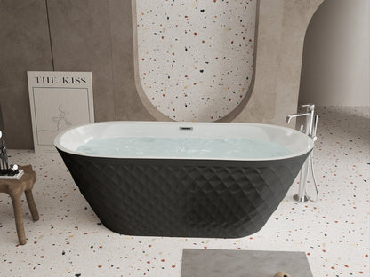 67'' acrylic freestanding bathtub with unique diamond pattern design: spacious oval shape, Black finish, brushed nickel overflow and pop - up drain CUPC Certificate - 1st Choice Furniture Direct