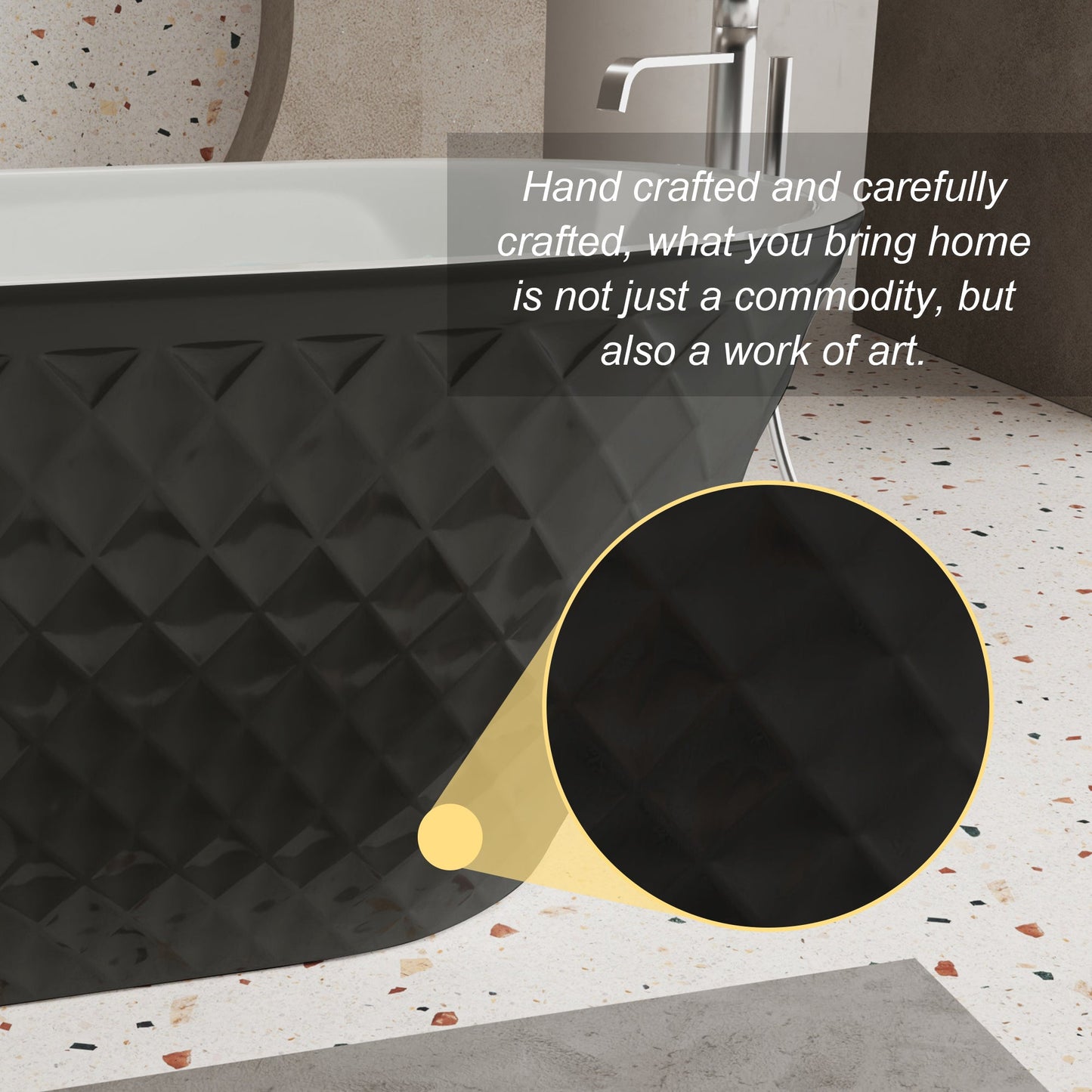 67'' acrylic freestanding bathtub with unique diamond pattern design: spacious oval shape, Black finish, brushed nickel overflow and pop - up drain CUPC Certificate - 1st Choice Furniture Direct