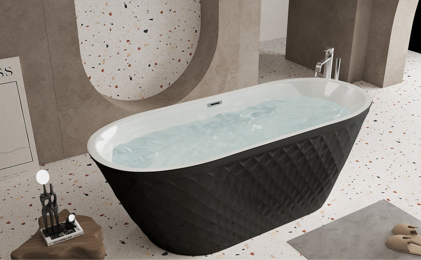 67'' acrylic freestanding bathtub with unique diamond pattern design: spacious oval shape, Black finish, brushed nickel overflow and pop - up drain CUPC Certificate - 1st Choice Furniture Direct
