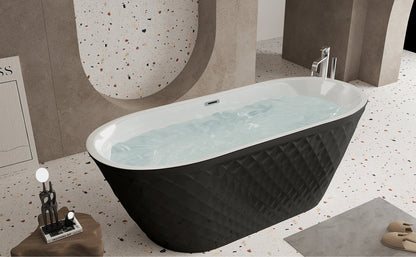 67'' acrylic freestanding bathtub with unique diamond pattern design: spacious oval shape, Black finish, brushed nickel overflow and pop - up drain CUPC Certificate - 1st Choice Furniture Direct