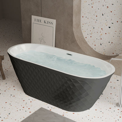 67'' acrylic freestanding bathtub with unique diamond pattern design: spacious oval shape, Black finish, brushed nickel overflow and pop - up drain CUPC Certificate - 1st Choice Furniture Direct