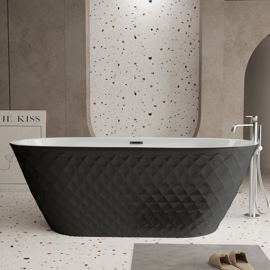 67'' acrylic freestanding bathtub with unique diamond pattern design: spacious oval shape, Black finish, brushed nickel overflow and pop - up drain CUPC Certificate - 1st Choice Furniture Direct