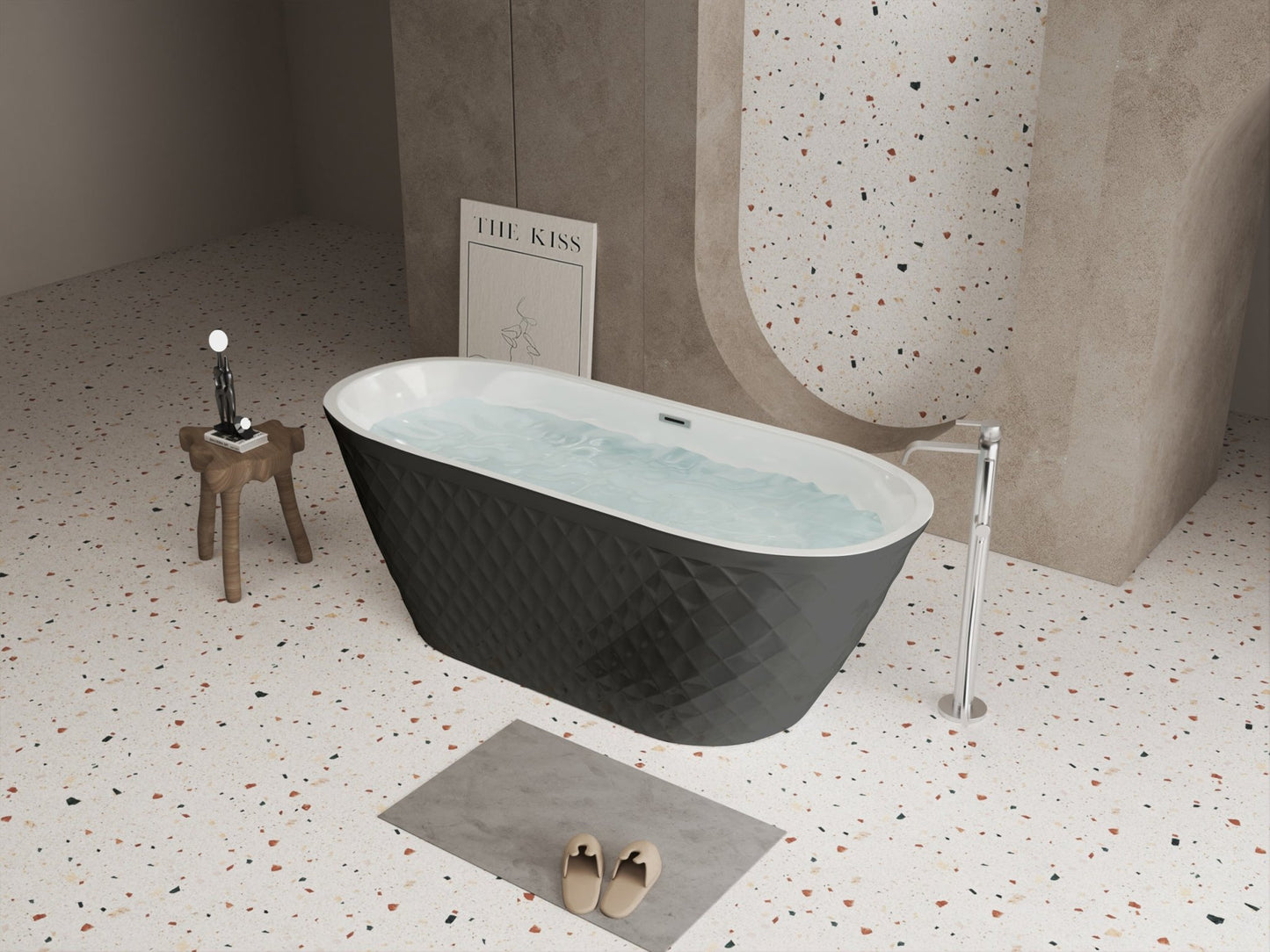 67'' acrylic freestanding bathtub with unique diamond pattern design: spacious oval shape, Black finish, brushed nickel overflow and pop - up drain CUPC Certificate - 1st Choice Furniture Direct