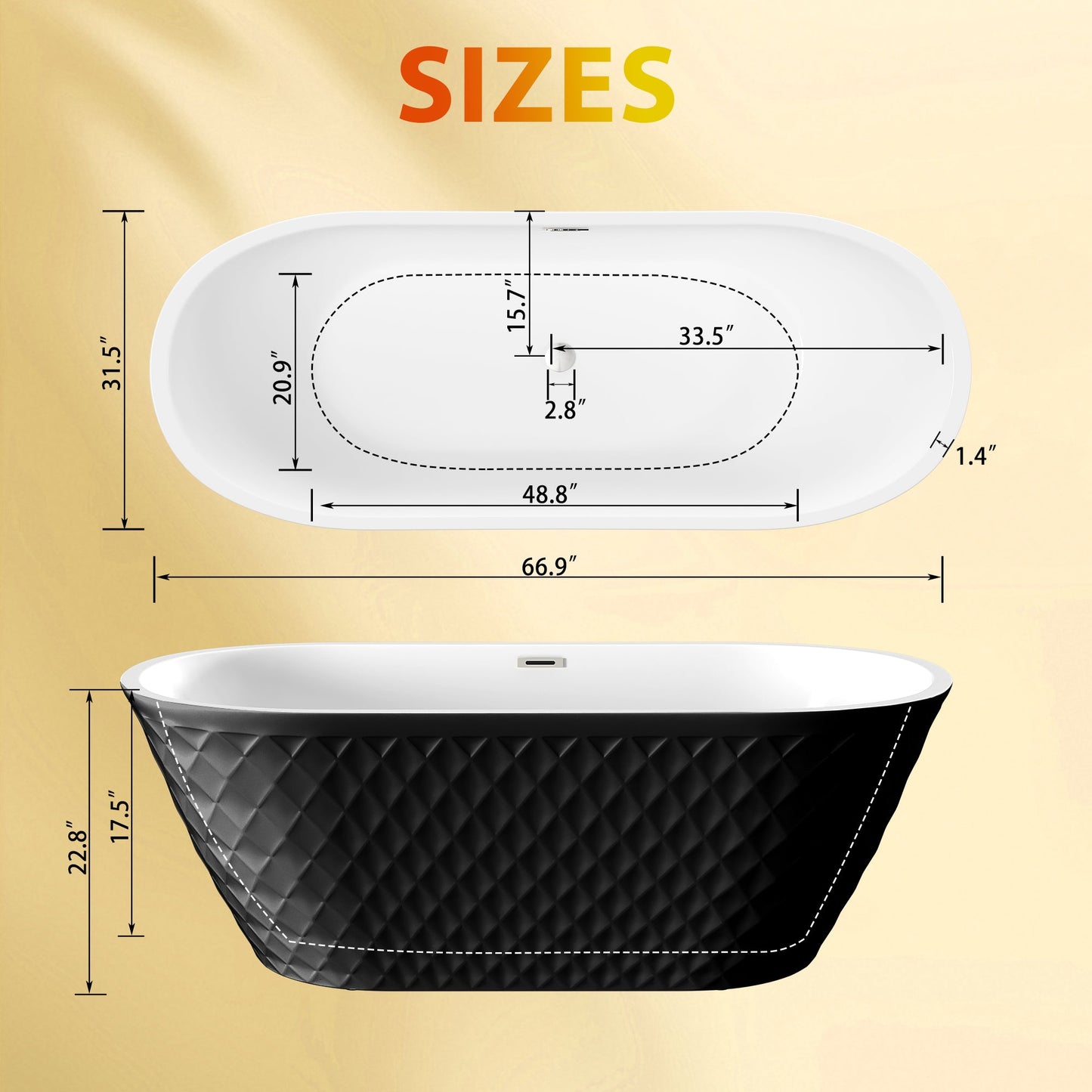 67'' acrylic freestanding bathtub with unique diamond pattern design: spacious oval shape, Black finish, brushed nickel overflow and pop - up drain CUPC Certificate - 1st Choice Furniture Direct