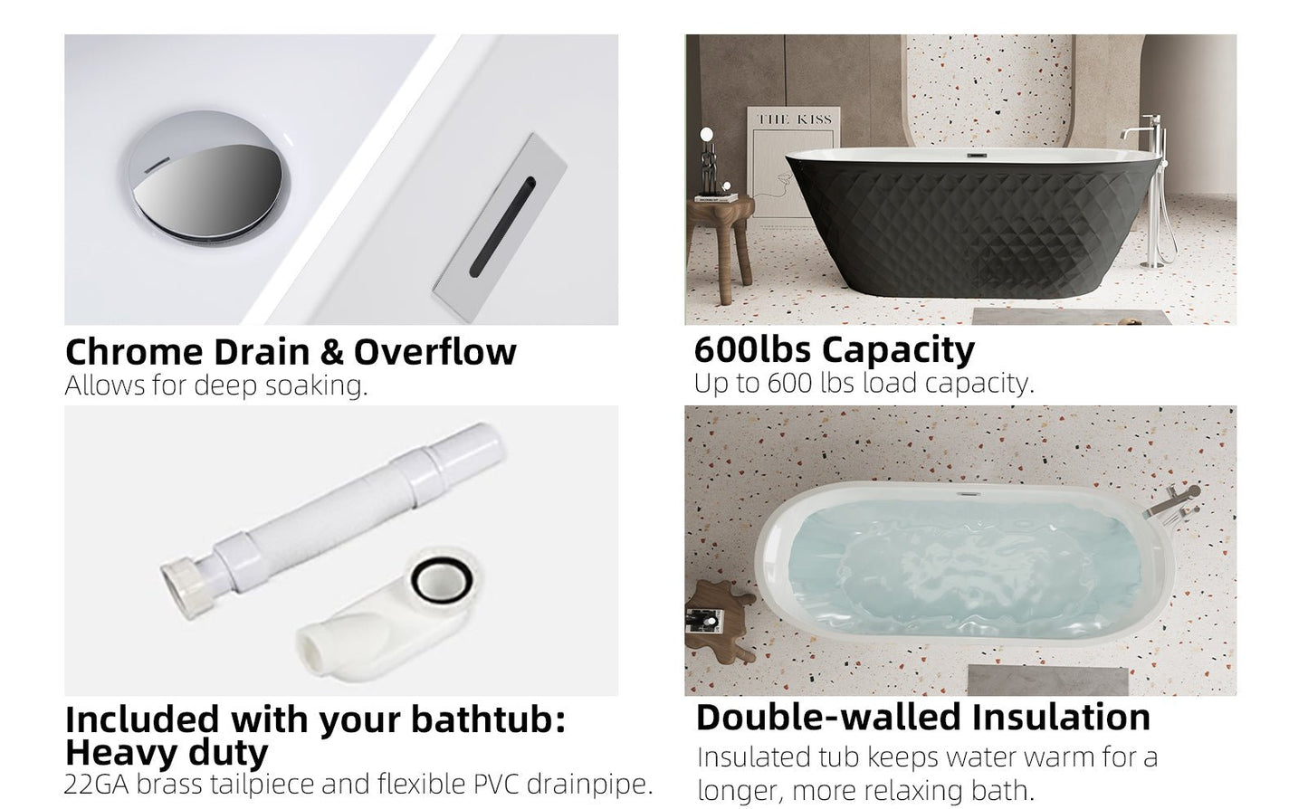 67'' acrylic freestanding bathtub with unique diamond pattern design: spacious oval shape, Black finish, brushed nickel overflow and pop - up drain CUPC Certificate - 1st Choice Furniture Direct