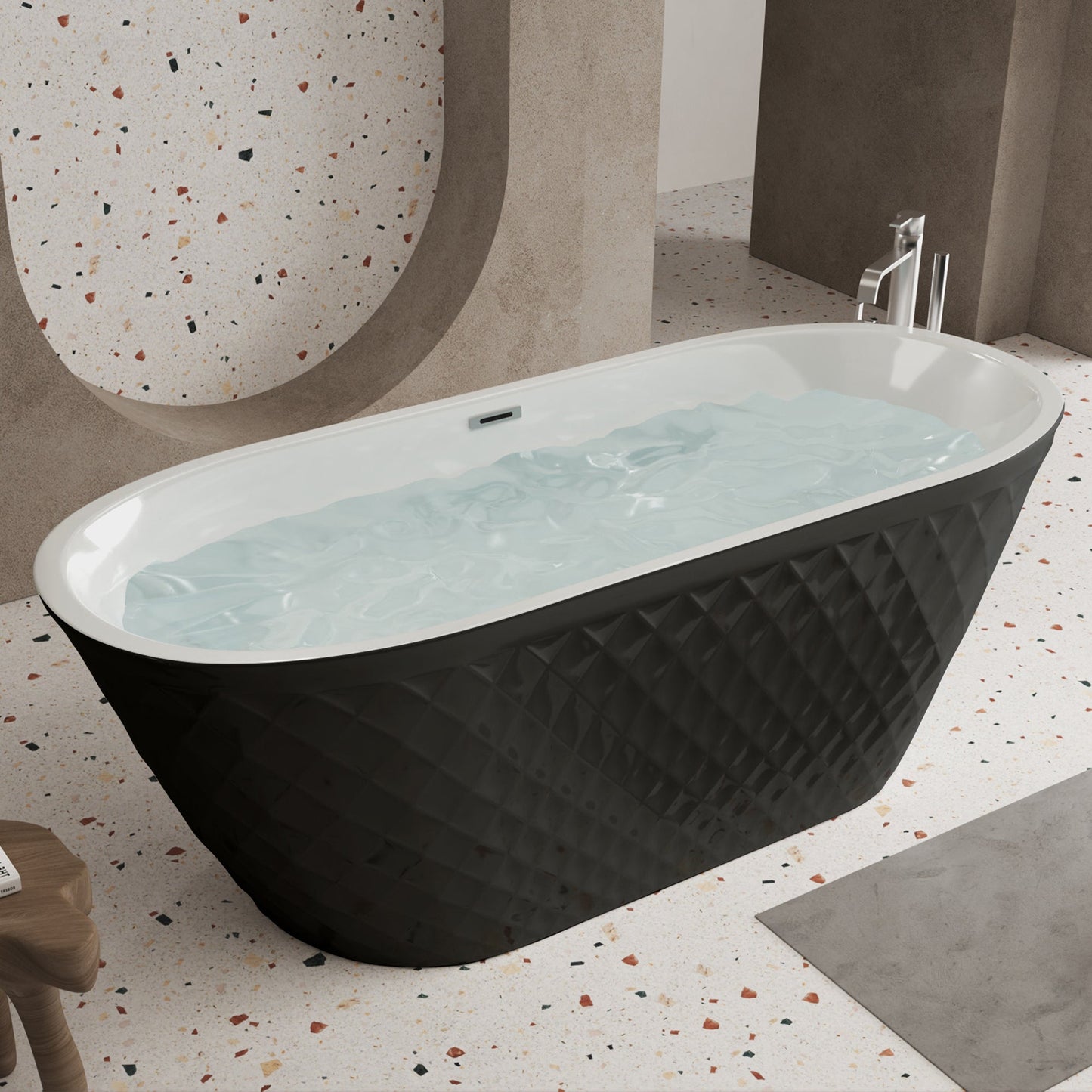 67'' acrylic freestanding bathtub with unique diamond pattern design: spacious oval shape, Black finish, brushed nickel overflow and pop - up drain CUPC Certificate - 1st Choice Furniture Direct