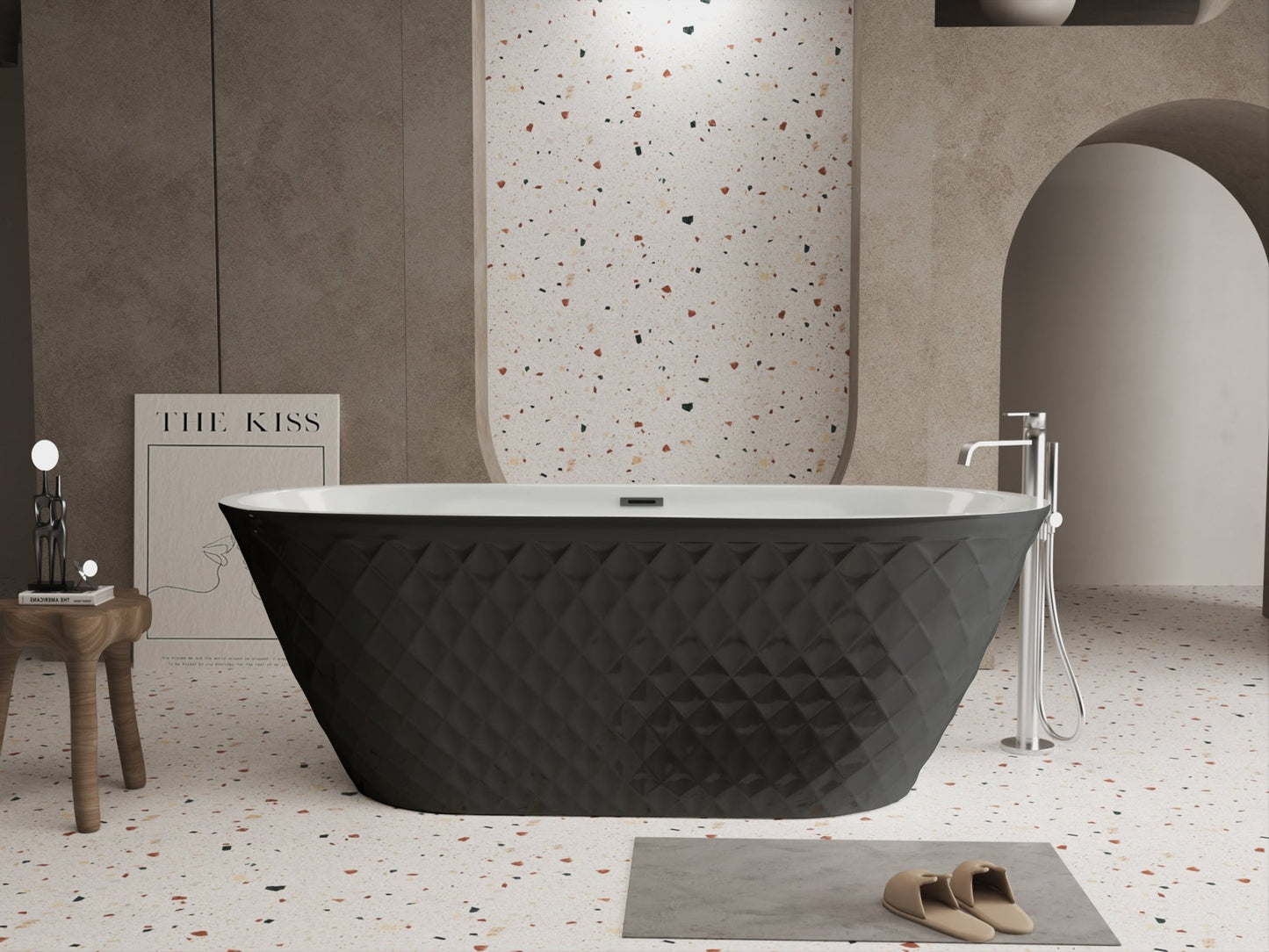 67'' acrylic freestanding bathtub with unique diamond pattern design: spacious oval shape, Black finish, brushed nickel overflow and pop - up drain CUPC Certificate - 1st Choice Furniture Direct