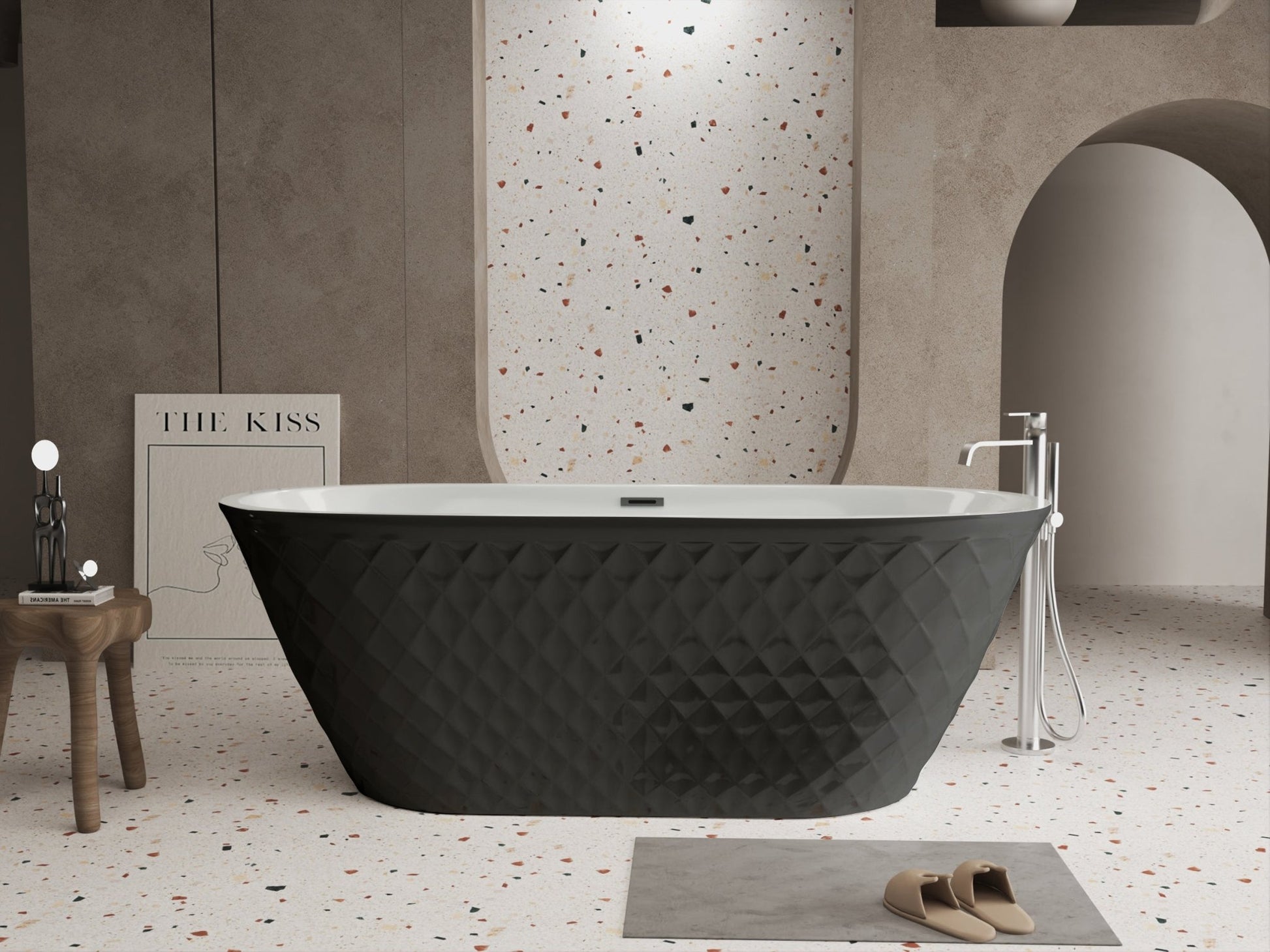 67'' acrylic freestanding bathtub with unique diamond pattern design: spacious oval shape, Black finish, brushed nickel overflow and pop - up drain CUPC Certificate - 1st Choice Furniture Direct