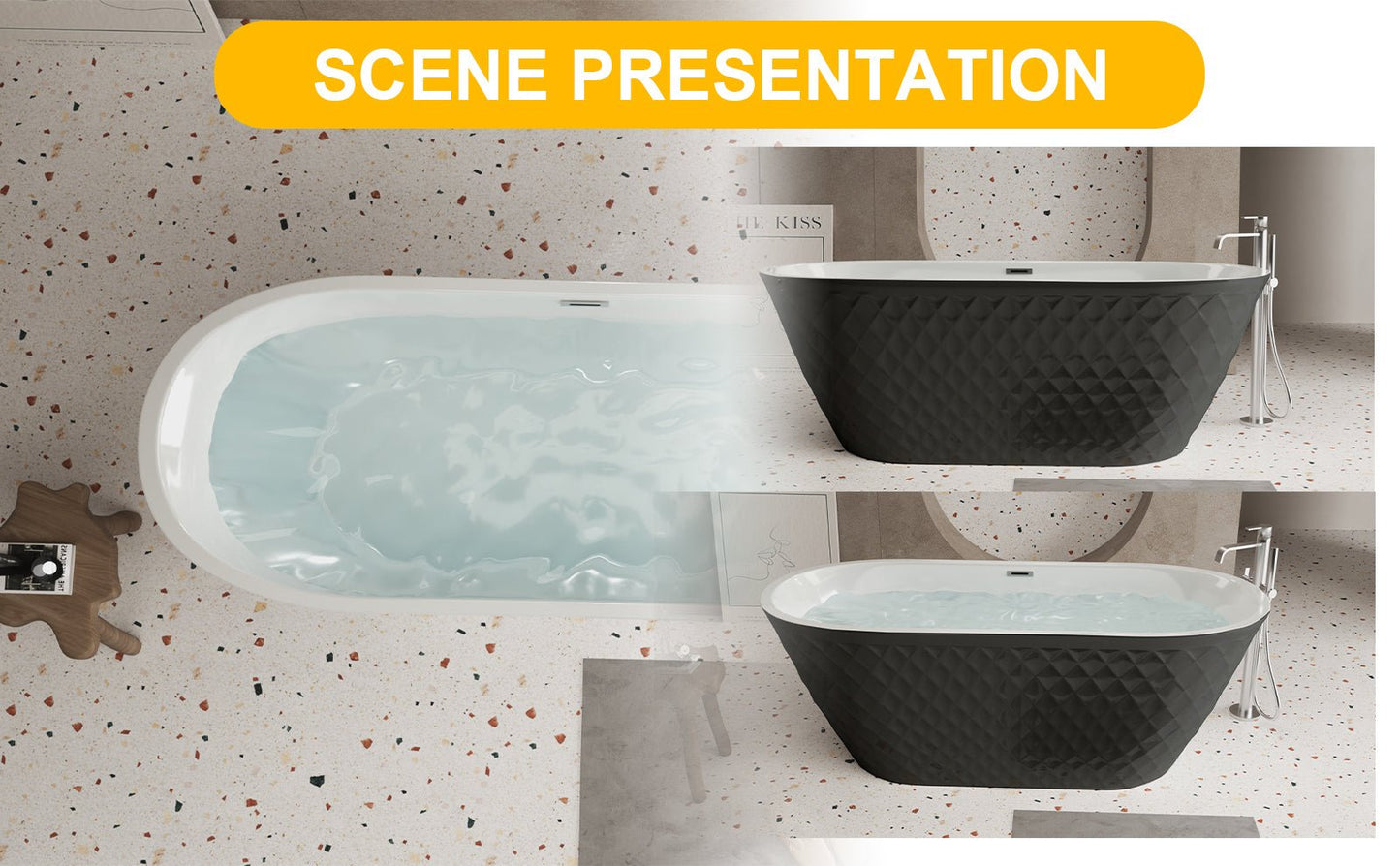 67'' acrylic freestanding bathtub with unique diamond pattern design: spacious oval shape, Black finish, brushed nickel overflow and pop - up drain CUPC Certificate - 1st Choice Furniture Direct