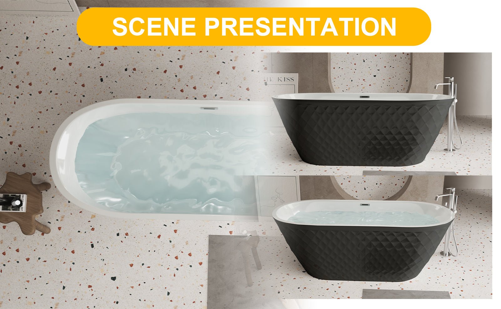 67'' acrylic freestanding bathtub with unique diamond pattern design: spacious oval shape, Black finish, brushed nickel overflow and pop - up drain CUPC Certificate - 1st Choice Furniture Direct