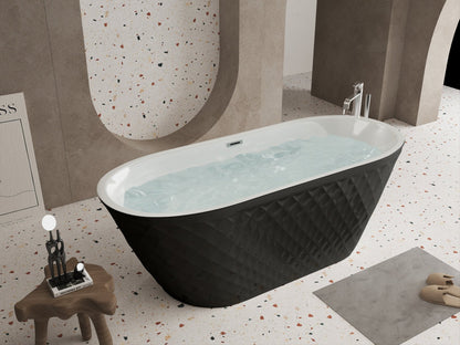 67'' acrylic freestanding bathtub with unique diamond pattern design: spacious oval shape, Black finish, brushed nickel overflow and pop - up drain CUPC Certificate - 1st Choice Furniture Direct