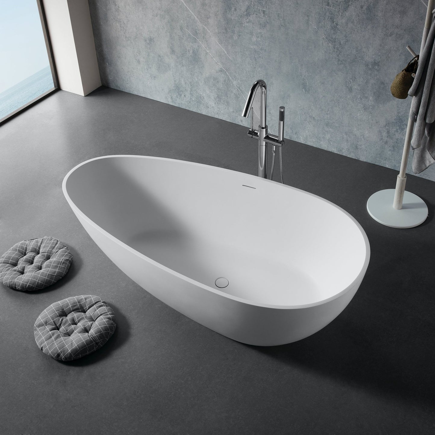 67' Freestanding Solid Surface Bathtub, Luxury Engineered Stone Resin Freestanding Soaking Bathtub with Overflow and Pop - up Drain for Contemporary Bathroom, Matte White 24S02 - 67MW - 1st Choice Furniture Direct