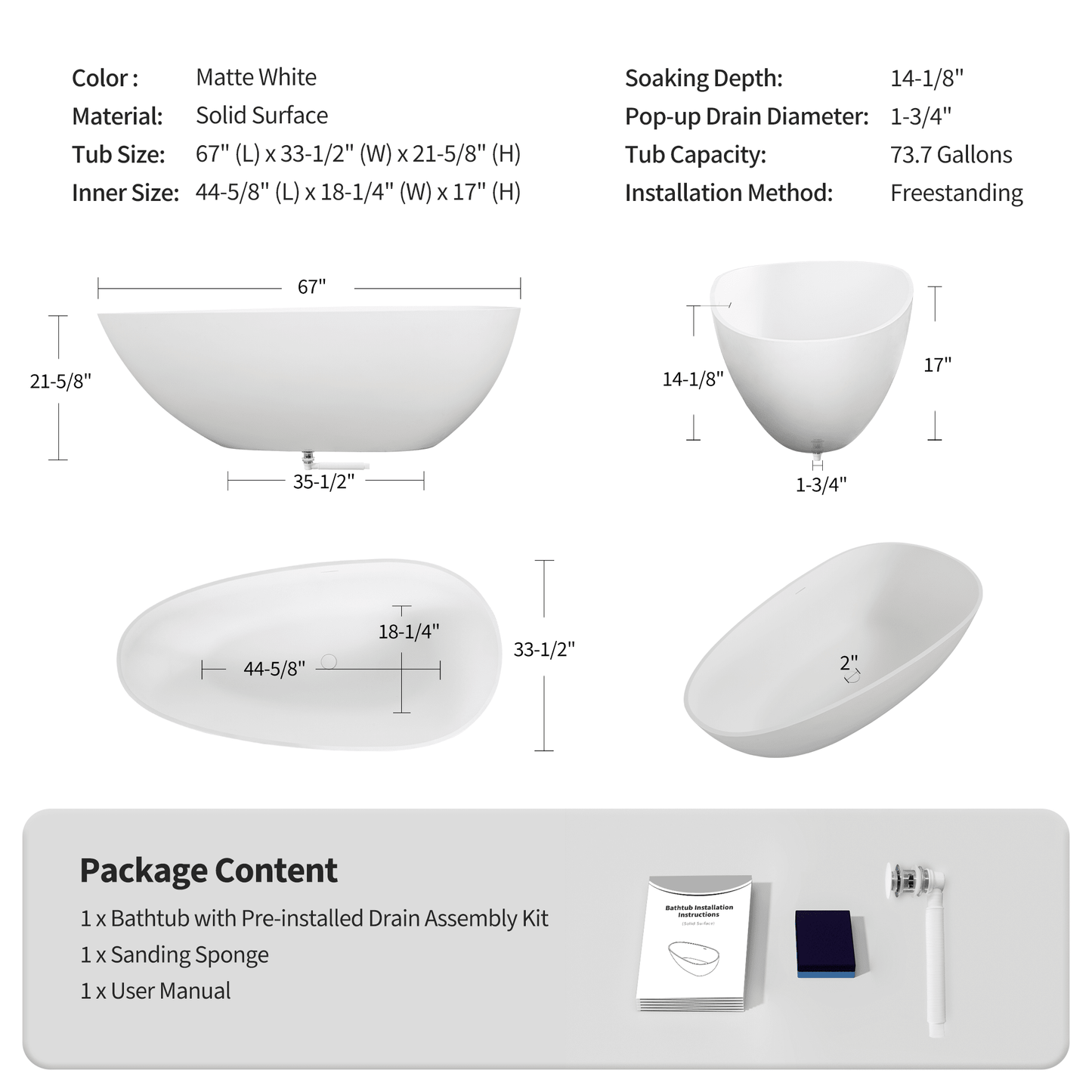 67' Freestanding Solid Surface Bathtub, Luxury Engineered Stone Resin Freestanding Soaking Bathtub with Overflow and Pop - up Drain for Contemporary Bathroom, Matte White 24S02 - 67MW - 1st Choice Furniture Direct