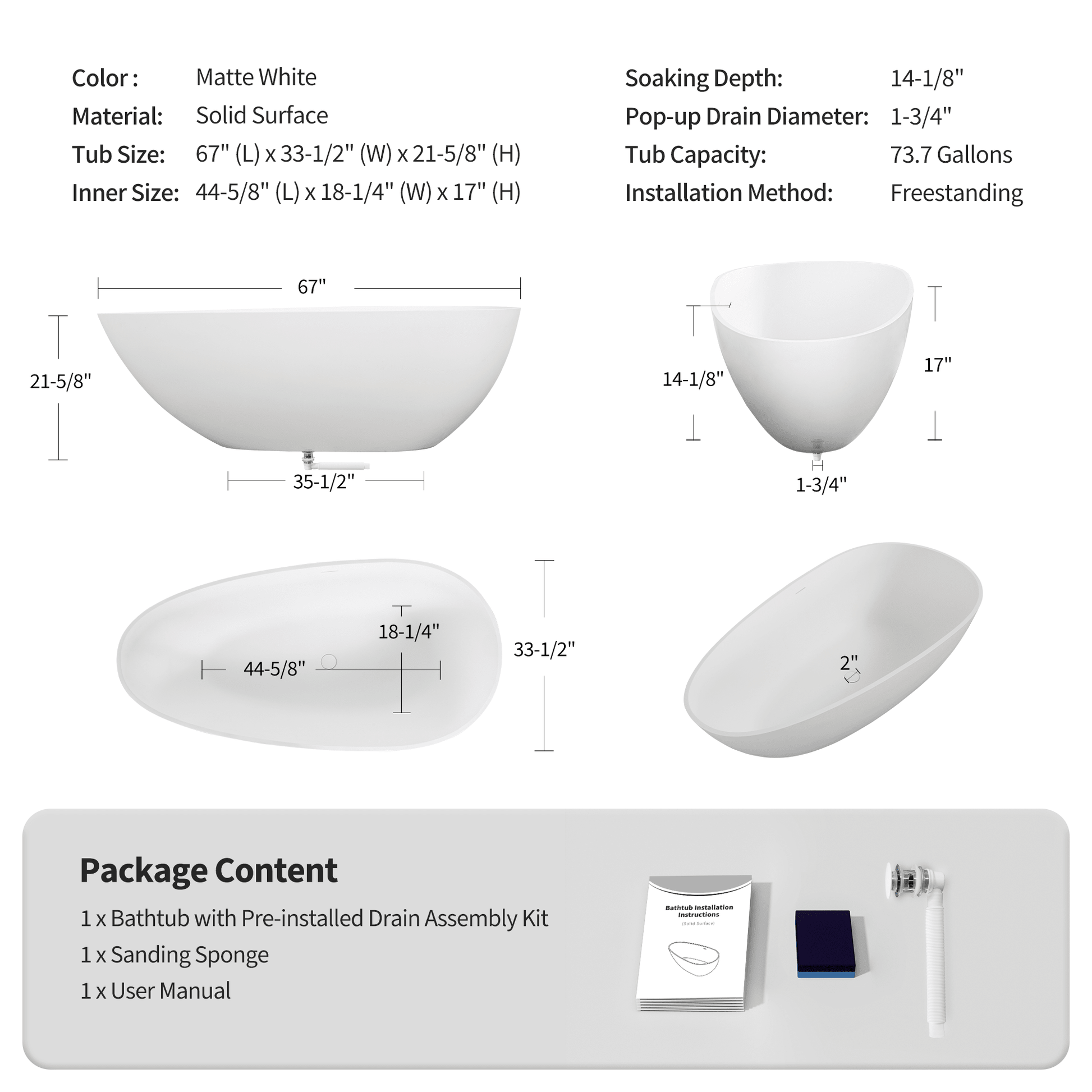 67' Freestanding Solid Surface Bathtub, Luxury Engineered Stone Resin Freestanding Soaking Bathtub with Overflow and Pop - up Drain for Contemporary Bathroom, Matte White 24S02 - 67MW - 1st Choice Furniture Direct